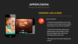 APPSPLOSION
THE GOOD, THE BAD, AND THE UGLY
PAMPERS: HELLO BABY
WHAT HAPPENED
"I deleted this app before even trying
it, because I don't want to be forced to
share pictures and info on Facebook.”
"Can the first trimester please stop
talking about miscarriages. I know
they can happen don't need to be
reminded every other day”
“this app must have been designed by
a man.”
L
 