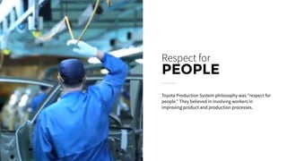 Toyota Production System philosophy was “respect for
people.” They believed in involving workers in
improving product and production processes.
Respect for
PEOPLE
 