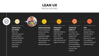 LEAN UX
NEEDS & GUIDELINES
1
PROBLEM &
OUTCOME
Ideas are
centered around
what problem
they will attempt
to solve for the
user, and what
outcome is
expected.
2
RAPID IDEATION
Cross-functional
teams working
quickly to
propose designs
that will solve
the problem and
achieve the
desired outcome.
3
FREQUENT
TESTING
Validate features
with internal
team. Test
winning ideas
with real users on
regular intervals.
4
ITERATIVE
FIDELITY
The key is to
learn fast. Only
design with
minimum
required fidelity
at each phase.
Increase fidelity
as you get closer
to your final
product.
13
5
MVP
Strive for a
design that has
the minimum
amount of
features to solve
the problem.
Launch and don’t
stop learning!
 