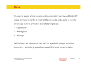 Data


In order to gauge where you are on the automation journey and to identify

areas for improvement it is important to have data and a suite of reports

covering a number of metrics at the following levels:

•   Operational

•    Managerial

•   Strategic



Within Shell, we have developed various reports to analyse and drive

Automation particularly around our recent Brainware implementation.




Copyright of INSERT COMPANY NAME HERE                   INSERT or DELETE     Month 2010   29
Up to two lines if required                             CONFIDENTIALITY
                                                          Go to View/Slide
 