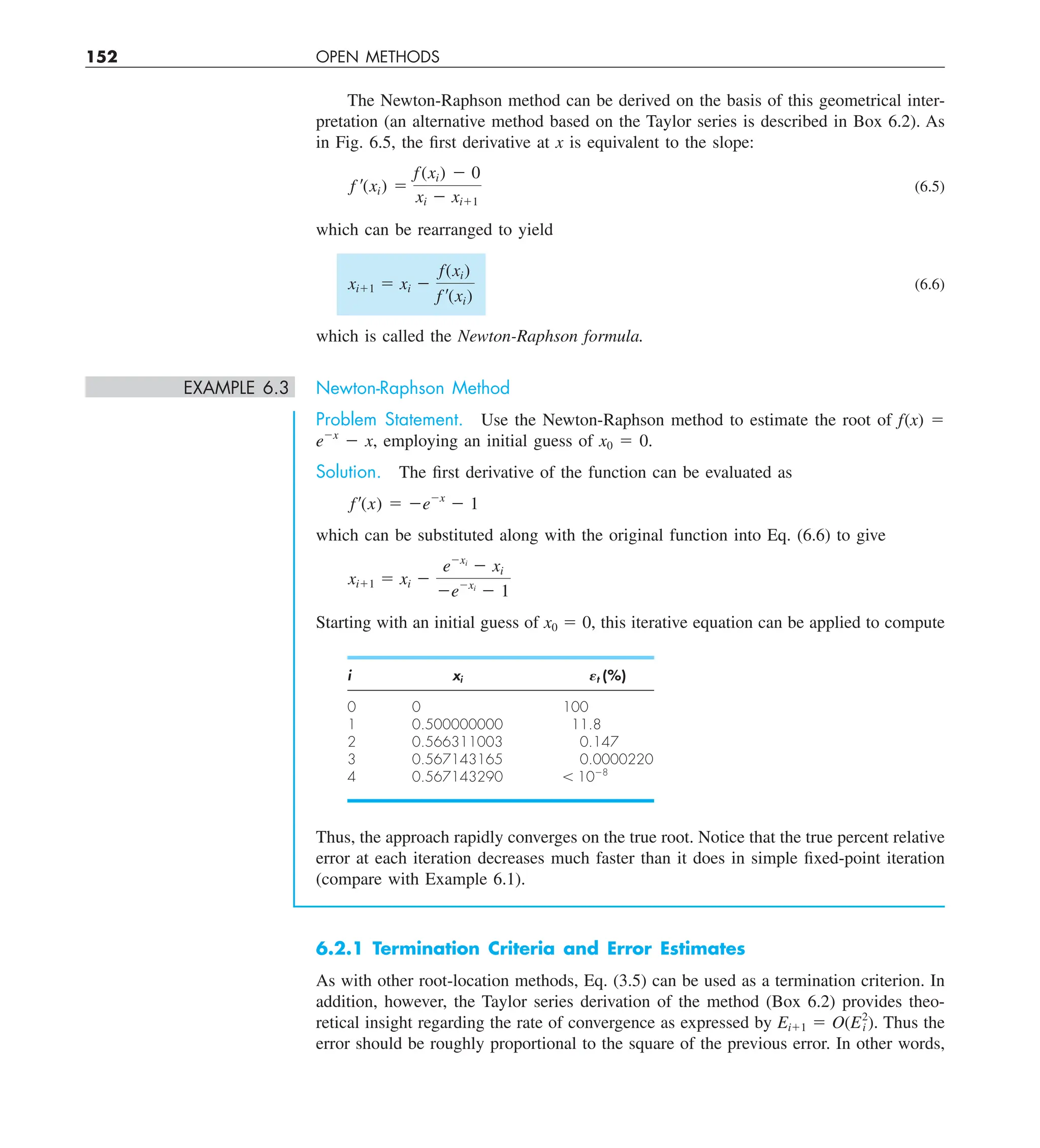 152 OPEN METHODS
The Newton-Raphson method can be derived on the basis of this geometrical inter-
pretation (an alternative method based on the Taylor series is described in Box 6.2). As
in Fig. 6.5, the first derivative at x is equivalent to the slope:
f ¿(xi) 5
f(xi) 2 0
xi 2 xi11
(6.5)
which can be rearranged to yield
xi11 5 xi 2
f(xi)
f ¿(xi)
(6.6)
which is called the Newton-Raphson formula.
EXAMPLE 6.3 Newton-Raphson Method
Problem Statement. Use the Newton-Raphson method to estimate the root of f(x) 5
e2x
2 x, employing an initial guess of x0 5 0.
Solution. The first derivative of the function can be evaluated as
f¿(x) 5 2e2x
2 1
which can be substituted along with the original function into Eq. (6.6) to give
xi11 5 xi 2
e2xi
2 xi
2e2xi
2 1
Starting with an initial guess of x0 5 0, this iterative equation can be applied to compute
i xi Et (%)
0 0 100
1 0.500000000 11.8
2 0.566311003 0.147
3 0.567143165 0.0000220
4 0.567143290 , 1028
Thus, the approach rapidly converges on the true root. Notice that the true percent relative
error at each iteration decreases much faster than it does in simple fixed-point iteration
(compare with Example 6.1).
6.2.1 Termination Criteria and Error Estimates
As with other root-location methods, Eq. (3.5) can be used as a termination criterion. In
addition, however, the Taylor series derivation of the method (Box 6.2) provides theo-
retical insight regarding the rate of convergence as expressed by Ei11 5 O(E2
i ). Thus the
error should be roughly proportional to the square of the previous error. In other words,
 