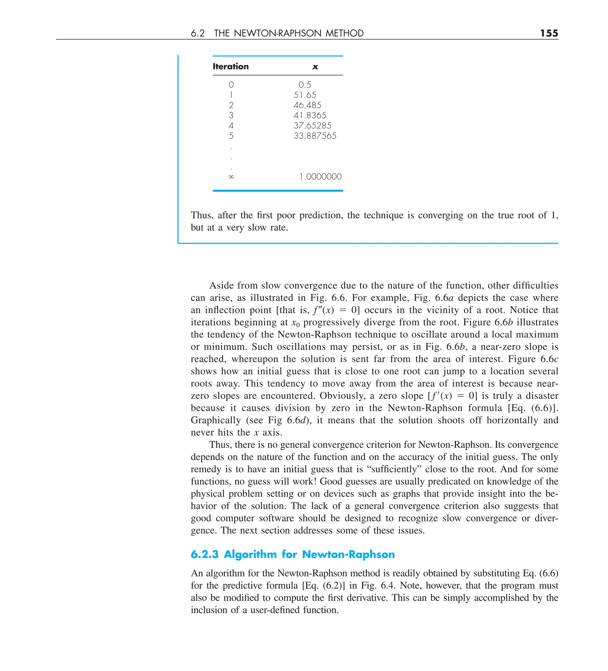 6.2 THE NEWTON-RAPHSON METHOD 155
Aside from slow convergence due to the nature of the function, other difficulties
can arise, as illustrated in Fig. 6.6. For example, Fig. 6.6a depicts the case where
an inflection point [that is, f 0(x) 5 0] occurs in the vicinity of a root. Notice that
iterations beginning at x0 progressively diverge from the root. Figure 6.6b illustrates
the tendency of the Newton-Raphson technique to oscillate around a local maximum
or minimum. Such oscillations may persist, or as in Fig. 6.6b, a near-zero slope is
reached, whereupon the solution is sent far from the area of interest. Figure 6.6c
shows how an initial guess that is close to one root can jump to a location several
roots away. This tendency to move away from the area of interest is because near-
zero slopes are encountered. Obviously, a zero slope [ f9(x) 5 0] is truly a disaster
because it causes division by zero in the Newton-Raphson formula [Eq. (6.6)].
Graphically (see Fig 6.6d), it means that the solution shoots off horizontally and
never hits the x axis.
Thus, there is no general convergence criterion for Newton-Raphson. Its convergence
depends on the nature of the function and on the accuracy of the initial guess. The only
remedy is to have an initial guess that is “sufficiently” close to the root. And for some
functions, no guess will work! Good guesses are usually predicated on knowledge of the
physical problem setting or on devices such as graphs that provide insight into the be-
havior of the solution. The lack of a general convergence criterion also suggests that
good computer software should be designed to recognize slow convergence or diver-
gence. The next section addresses some of these issues.
6.2.3 Algorithm for Newton-Raphson
An algorithm for the Newton-Raphson method is readily obtained by substituting Eq. (6.6)
for the predictive formula [Eq. (6.2)] in Fig. 6.4. Note, however, that the program must
also be modified to compute the first derivative. This can be simply accomplished by the
inclusion of a user-defined function.
Iteration x
0 0.5
1 51.65
2 46.485
3 41.8365
4 37.65285
5 33.887565
.
.
.
` 1.0000000
Thus, after the first poor prediction, the technique is converging on the true root of 1,
but at a very slow rate.
 
