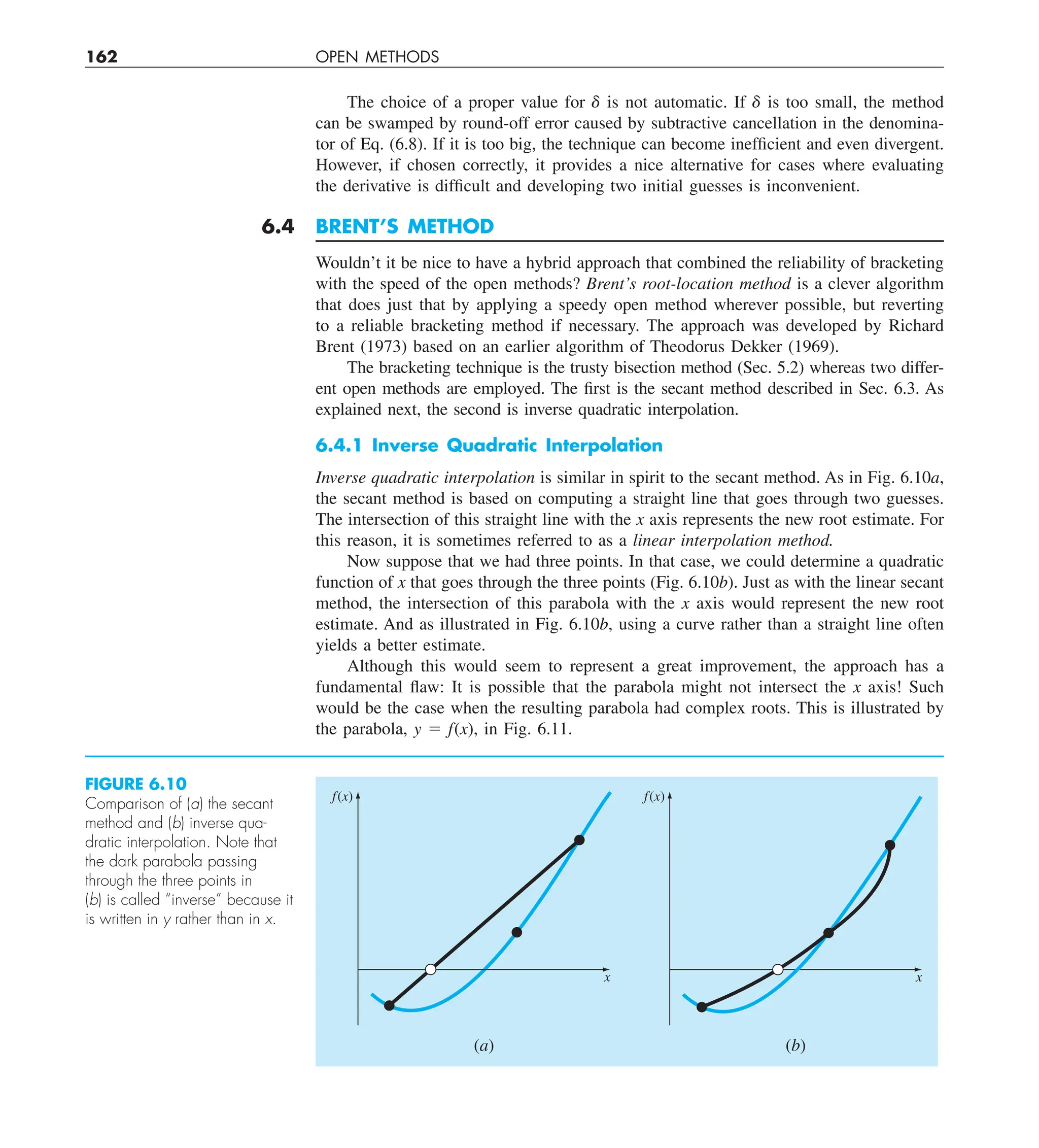 162 OPEN METHODS
The choice of a proper value for ␦ is not automatic. If ␦ is too small, the method
can be swamped by round-off error caused by subtractive cancellation in the denomina-
tor of Eq. (6.8). If it is too big, the technique can become inefficient and even divergent.
However, if chosen correctly, it provides a nice alternative for cases where evaluating
the derivative is difficult and developing two initial guesses is inconvenient.
6.4 BRENT’S METHOD
Wouldn’t it be nice to have a hybrid approach that combined the reliability of bracketing
with the speed of the open methods? Brent’s root-location method is a clever algorithm
that does just that by applying a speedy open method wherever possible, but reverting
to a reliable bracketing method if necessary. The approach was developed by Richard
Brent (1973) based on an earlier algorithm of Theodorus Dekker (1969).
The bracketing technique is the trusty bisection method (Sec. 5.2) whereas two differ-
ent open methods are employed. The first is the secant method described in Sec. 6.3. As
explained next, the second is inverse quadratic interpolation.
6.4.1 Inverse Quadratic Interpolation
Inverse quadratic interpolation is similar in spirit to the secant method. As in Fig. 6.10a,
the secant method is based on computing a straight line that goes through two guesses.
The intersection of this straight line with the x axis represents the new root estimate. For
this reason, it is sometimes referred to as a linear interpolation method.
Now suppose that we had three points. In that case, we could determine a quadratic
function of x that goes through the three points (Fig. 6.10b). Just as with the linear secant
method, the intersection of this parabola with the x axis would represent the new root
estimate. And as illustrated in Fig. 6.10b, using a curve rather than a straight line often
yields a better estimate.
Although this would seem to represent a great improvement, the approach has a
fundamental flaw: It is possible that the parabola might not intersect the x axis! Such
would be the case when the resulting parabola had complex roots. This is illustrated by
the parabola, y 5 f(x), in Fig. 6.11.
FIGURE 6.10
Comparison of (a) the secant
method and (b) inverse qua-
dratic interpolation. Note that
the dark parabola passing
through the three points in
(b) is called “inverse” because it
is written in y rather than in x.
f(x)
x
(a) (b)
f(x)
x
 