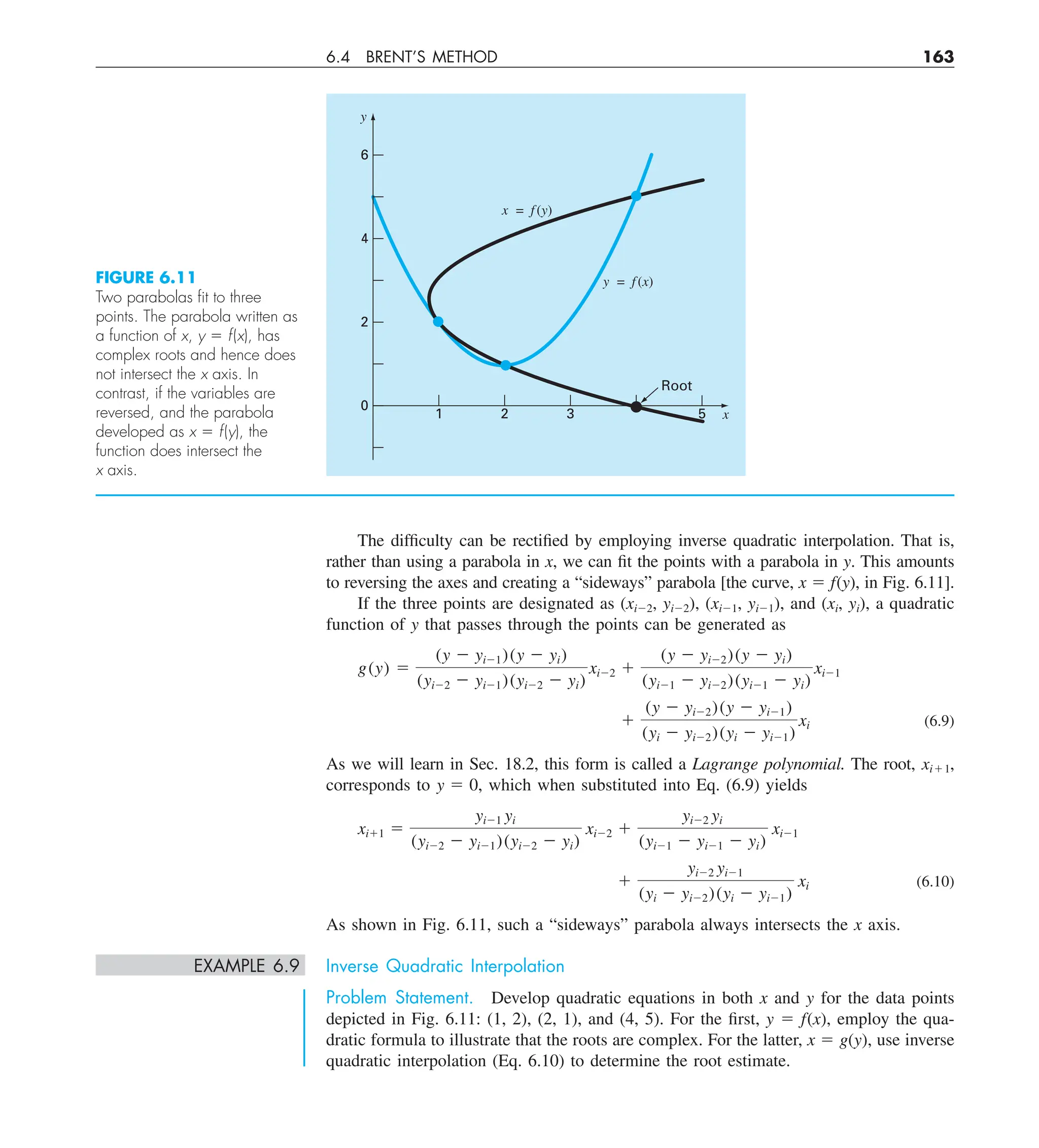 6.4 BRENT’S METHOD 163
The difficulty can be rectified by employing inverse quadratic interpolation. That is,
rather than using a parabola in x, we can fit the points with a parabola in y. This amounts
to reversing the axes and creating a “sideways” parabola [the curve, x 5 f(y), in Fig. 6.11].
If the three points are designated as (xi22, yi22), (xi21, yi21), and (xi, yi), a quadratic
function of y that passes through the points can be generated as
g(y) 5
(y 2 yi21)(y 2 yi)
(yi22 2 yi21)(yi22 2 yi)
xi22 1
(y 2 yi22)(y 2 yi)
(yi21 2 yi22)(yi21 2 yi)
xi21
1
(y 2 yi22)(y 2 yi21)
(yi 2 yi22)(yi 2 yi21)
xi (6.9)
As we will learn in Sec. 18.2, this form is called a Lagrange polynomial. The root, xi11,
corresponds to y 5 0, which when substituted into Eq. (6.9) yields
xi11 5
yi21 yi
(yi22 2 yi21)(yi22 2 yi)
xi22 1
yi22 yi
(yi21 2 yi21 2 yi)
xi21
1
yi22 yi21
(yi 2 yi22)(yi 2 yi21)
xi (6.10)
As shown in Fig. 6.11, such a “sideways” parabola always intersects the x axis.
EXAMPLE 6.9 Inverse Quadratic Interpolation
Problem Statement. Develop quadratic equations in both x and y for the data points
depicted in Fig. 6.11: (1, 2), (2, 1), and (4, 5). For the first, y 5 f(x), employ the qua-
dratic formula to illustrate that the roots are complex. For the latter, x 5 g(y), use inverse
quadratic interpolation (Eq. 6.10) to determine the root estimate.
FIGURE 6.11
Two parabolas ﬁt to three
points. The parabola written as
a function of x, y 5 f(x), has
complex roots and hence does
not intersect the x axis. In
contrast, if the variables are
reversed, and the parabola
developed as x 5 f(y), the
function does intersect the
x axis.
5
Root
3
1 2
0
2
4
6
y
x = f(y)
y = f(x)
x
 
