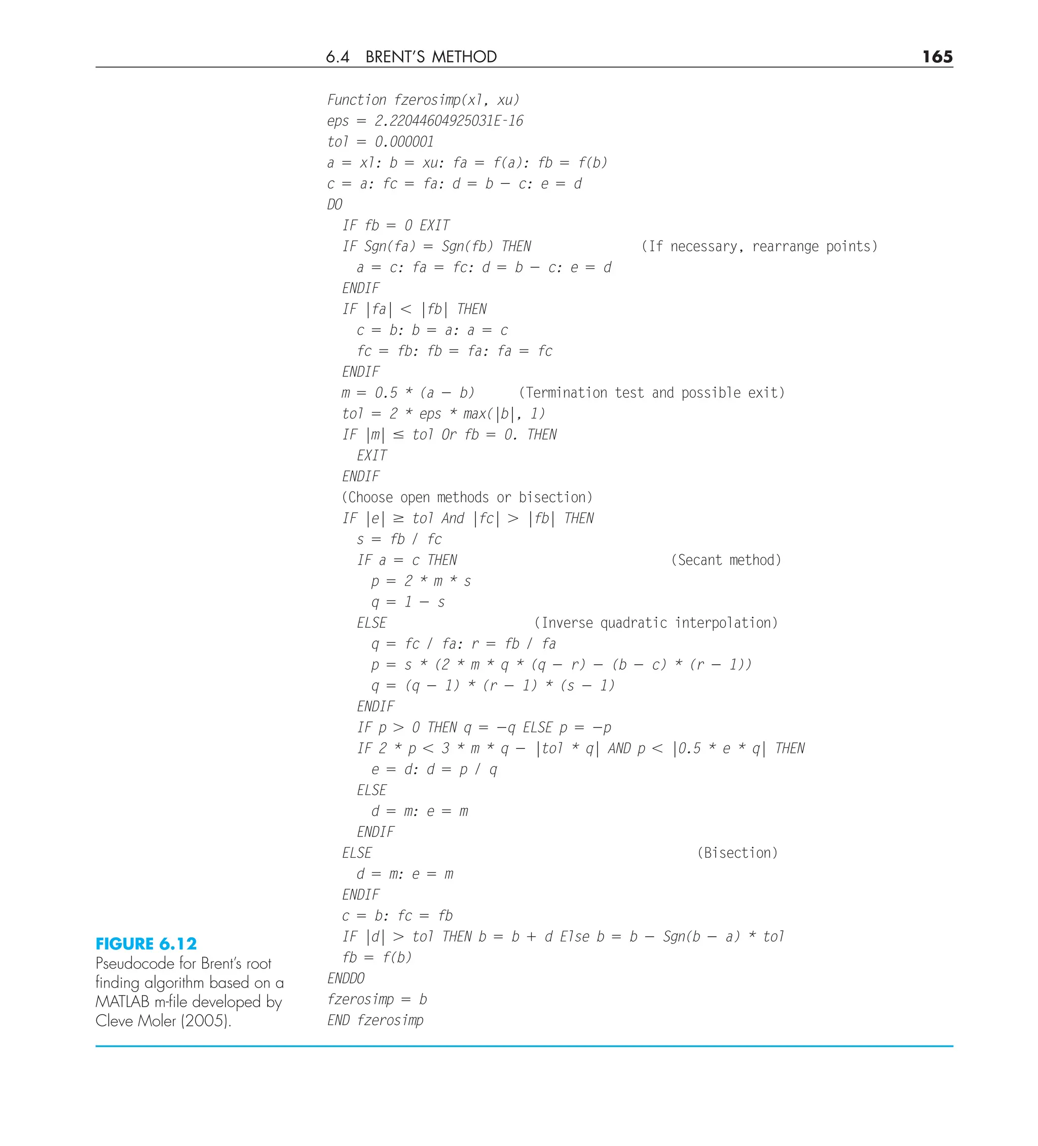 6.4 BRENT’S METHOD 165
Function fzerosimp(xl, xu)
eps 5 2.22044604925031E-16
tol 5 0.000001
a 5 xl: b 5 xu: fa 5 f(a): fb 5 f(b)
c 5 a: fc 5 fa: d 5 b 2 c: e 5 d
DO
IF fb 5 0 EXIT
IF Sgn(fa) 5 Sgn(fb) THEN (If necessary, rearrange points)
a 5 c: fa 5 fc: d 5 b 2 c: e 5 d
ENDIF
IF |fa| , |fb| THEN
c 5 b: b 5 a: a 5 c
fc 5 fb: fb 5 fa: fa 5 fc
ENDIF
m 5 0.5 * (a 2 b) (Termination test and possible exit)
tol 5 2 * eps * max(|b|, 1)
IF |m| # tol Or fb 5 0. THEN
EXIT
ENDIF
(Choose open methods or bisection)
IF |e| $ tol And |fc| . |fb| THEN
s 5 fb / fc
IF a 5 c THEN (Secant method)
p 5 2 * m * s
q 5 1 2 s
ELSE (Inverse quadratic interpolation)
q 5 fc / fa: r 5 fb / fa
p 5 s * (2 * m * q * (q 2 r) 2 (b 2 c) * (r 2 1))
q 5 (q 2 1) * (r 2 1) * (s 2 1)
ENDIF
IF p . 0 THEN q 5 2q ELSE p 5 2p
IF 2 * p , 3 * m * q 2 |tol * q| AND p , |0.5 * e * q| THEN
e 5 d: d 5 p / q
ELSE
d 5 m: e 5 m
ENDIF
ELSE (Bisection)
d 5 m: e 5 m
ENDIF
c 5 b: fc 5 fb
IF |d| . tol THEN b 5 b 1 d Else b 5 b 2 Sgn(b 2 a) * tol
fb 5 f(b)
ENDDO
fzerosimp 5 b
END fzerosimp
FIGURE 6.12
Pseudocode for Brent’s root
ﬁnding algorithm based on a
MATLAB m-ﬁle developed by
Cleve Moler (2005).
 