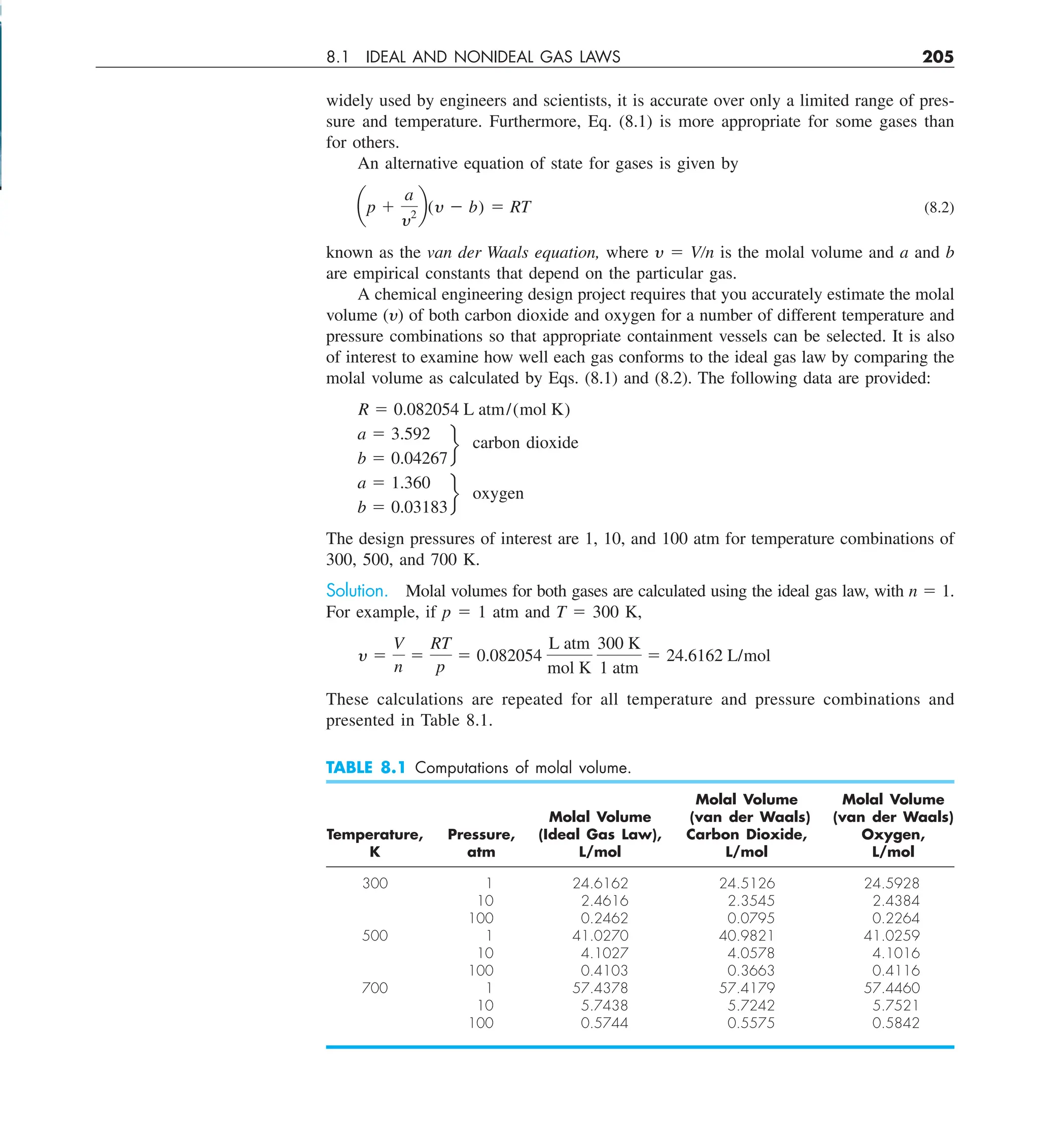 8.1 IDEAL AND NONIDEAL GAS LAWS 205
widely used by engineers and scientists, it is accurate over only a limited range of pres-
sure and temperature. Furthermore, Eq. (8.1) is more appropriate for some gases than
for others.
An alternative equation of state for gases is given by
ap 1
a
y2
b(y 2 b) 5 RT (8.2)
known as the van der Waals equation, where y 5 V/n is the molal volume and a and b
are empirical constants that depend on the particular gas.
A chemical engineering design project requires that you accurately estimate the molal
volume (y) of both carbon dioxide and oxygen for a number of different temperature and
pressure combinations so that appropriate containment vessels can be selected. It is also
of interest to examine how well each gas conforms to the ideal gas law by comparing the
molal volume as calculated by Eqs. (8.1) and (8.2). The following data are provided:
R 5 0.082054 L atm/(mol K)
a 5 3.592
b 5 0.04267
f carbon dioxide
a 5 1.360
b 5 0.03183
f oxygen
The design pressures of interest are 1, 10, and 100 atm for temperature combinations of
300, 500, and 700 K.
Solution. Molal volumes for both gases are calculated using the ideal gas law, with n 5 1.
For example, if p 5 1 atm and T 5 300 K,
y 5
V
n
5
RT
p
5 0.082054
L atm
mol K
300 K
1 atm
5 24.6162 L/mol
These calculations are repeated for all temperature and pressure combinations and
presented in Table 8.1.
TABLE 8.1 Computations of molal volume.
Molal Volume Molal Volume
Molal Volume (van der Waals) (van der Waals)
Temperature, Pressure, (Ideal Gas Law), Carbon Dioxide, Oxygen,
K atm L/mol L/mol L/mol
300 1 24.6162 24.5126 24.5928
10 2.4616 2.3545 2.4384
100 0.2462 0.0795 0.2264
500 1 41.0270 40.9821 41.0259
10 4.1027 4.0578 4.1016
100 0.4103 0.3663 0.4116
700 1 57.4378 57.4179 57.4460
10 5.7438 5.7242 5.7521
100 0.5744 0.5575 0.5842
 