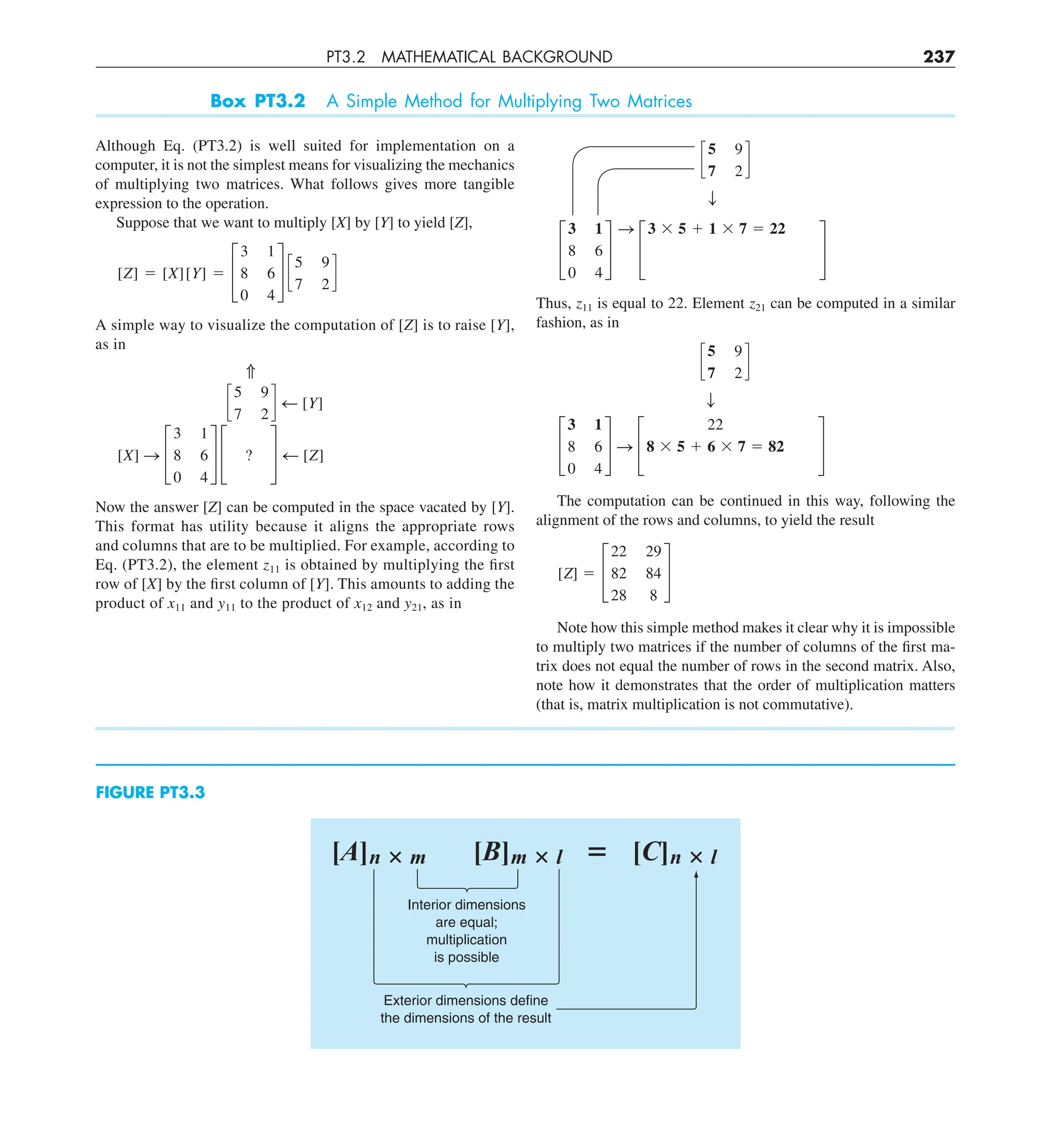 PT3.2 MATHEMATICAL BACKGROUND 237
FIGURE PT3.3
Box PT3.2 A Simple Method for Multiplying Two Matrices
Although Eq. (PT3.2) is well suited for implementation on a
computer, it is not the simplest means for visualizing the mechanics
of multiplying two matrices. What follows gives more tangible
expression to the operation.
Suppose that we want to multiply [X] by [Y] to yield [Z],
[Z] 5 [X][Y] 5 £
3 1
8 6
0 4
§ c
5 9
7 2
d
A simple way to visualize the computation of [Z] is to raise [Y],
as in
A
c
5 9
7 2
d d [Y]
[X] S £
3 1
8 6
0 4
§ £ ? § d [Z]
Now the answer [Z] can be computed in the space vacated by [Y].
This format has utility because it aligns the appropriate rows
and columns that are to be multiplied. For example, according to
Eq. (PT3.2), the element z11 is obtained by multiplying the first
row of [X] by the first column of [Y]. This amounts to adding the
product of x11 and y11 to the product of x12 and y21, as in
c
5 9
7 2
d
T
£
3 1
8 6
0 4
§
S
£
3 3 5 1 1 3 7 5 22
§
Thus, z11 is equal to 22. Element z21 can be computed in a similar
fashion, as in
c
5 9
7 2
d
T
£
3 1
8 6
0 4
§ S £
22
8 3 5 1 6 3 7 5 82 §
The computation can be continued in this way, following the
alignment of the rows and columns, to yield the result
[Z] 5 £
22 29
82 84
28 8
§
Note how this simple method makes it clear why it is impossible
to multiply two matrices if the number of columns of the first ma-
trix does not equal the number of rows in the second matrix. Also,
note how it demonstrates that the order of multiplication matters
(that is, matrix multiplication is not commutative).
[A]n ⴛ m [B]m ⴛ l ⴝ [C]n ⴛ l
Interior dimensions
are equal;
multiplication
is possible
Exterior dimensions define
the dimensions of the result
 