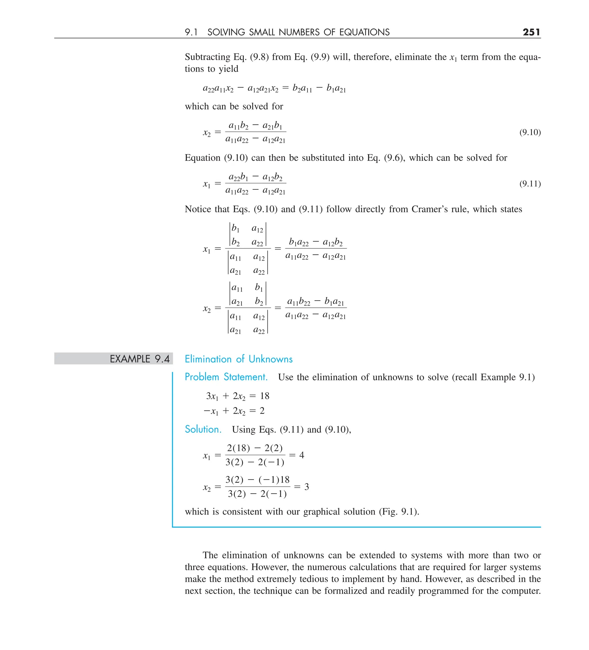 9.1 SOLVING SMALL NUMBERS OF EQUATIONS 251
Subtracting Eq. (9.8) from Eq. (9.9) will, therefore, eliminate the x1 term from the equa-
tions to yield
a22a11x2 2 a12a21x2 5 b2a11 2 b1a21
which can be solved for
x2 5
a11b2 2 a21b1
a11a22 2 a12a21
(9.10)
Equation (9.10) can then be substituted into Eq. (9.6), which can be solved for
x1 5
a22b1 2 a12b2
a11a22 2 a12a21
(9.11)
Notice that Eqs. (9.10) and (9.11) follow directly from Cramer’s rule, which states
x1 5
`
b1 a12
b2 a22
`
`
a11 a12
a21 a22
`
5
b1a22 2 a12b2
a11a22 2 a12a21
x2 5
`
a11 b1
a21 b2
`
`
a11 a12
a21 a22
`
5
a11b22 2 b1a21
a11a22 2 a12a21
EXAMPLE 9.4 Elimination of Unknowns
Problem Statement. Use the elimination of unknowns to solve (recall Example 9.1)
3x1 1 2x2 5 18
2x1 1 2x2 5 2
Solution. Using Eqs. (9.11) and (9.10),
x1 5
2(18) 2 2(2)
3(2) 2 2(21)
5 4
x2 5
3(2) 2 (21)18
3(2) 2 2(21)
5 3
which is consistent with our graphical solution (Fig. 9.1).
The elimination of unknowns can be extended to systems with more than two or
three equations. However, the numerous calculations that are required for larger systems
make the method extremely tedious to implement by hand. However, as described in the
next section, the technique can be formalized and readily programmed for the computer.
 