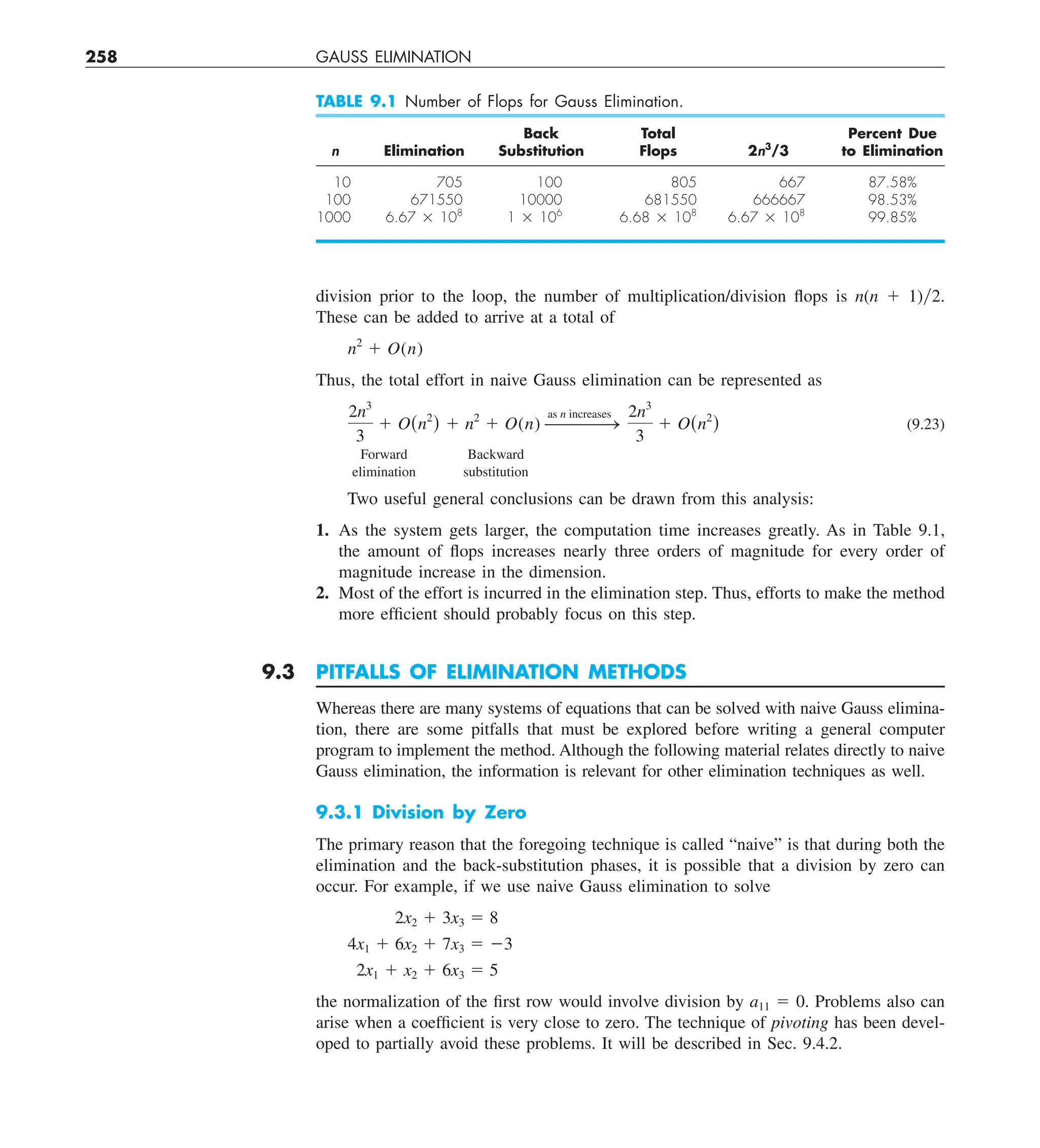 258 GAUSS ELIMINATION
division prior to the loop, the number of multiplication/division flops is n(n 1 1)y2.
These can be added to arrive at a total of
n2
1 O(n)
Thus, the total effort in naive Gauss elimination can be represented as
2n3
3
1 O(n2
) 1 n2
1 O(n) ———
—
S
as n increases 2n3
3
1 O(n2
) (9.23)
Forward Backward
elimination substitution
Two useful general conclusions can be drawn from this analysis:
1. As the system gets larger, the computation time increases greatly. As in Table 9.1,
the amount of flops increases nearly three orders of magnitude for every order of
magnitude increase in the dimension.
2. Most of the effort is incurred in the elimination step. Thus, efforts to make the method
more efficient should probably focus on this step.
9.3 PITFALLS OF ELIMINATION METHODS
Whereas there are many systems of equations that can be solved with naive Gauss elimina-
tion, there are some pitfalls that must be explored before writing a general computer
program to implement the method. Although the following material relates directly to naive
Gauss elimination, the information is relevant for other elimination techniques as well.
9.3.1 Division by Zero
The primary reason that the foregoing technique is called “naive” is that during both the
elimination and the back-substitution phases, it is possible that a division by zero can
occur. For example, if we use naive Gauss elimination to solve
2x2 1 3x3 5 8
4x1 1 6x2 1 7x3 5 23
2x1 1 x2 1 6x3 5 5
the normalization of the first row would involve division by a11 5 0. Problems also can
arise when a coefficient is very close to zero. The technique of pivoting has been devel-
oped to partially avoid these problems. It will be described in Sec. 9.4.2.
TABLE 9.1 Number of Flops for Gauss Elimination.
Back Total Percent Due
n Elimination Substitution Flops 2n3
/3 to Elimination
10 705 100 805 667 87.58%
100 671550 10000 681550 666667 98.53%
1000 6.67 3 108
1 3 106
6.68 3 108
6.67 3 108
99.85%
 