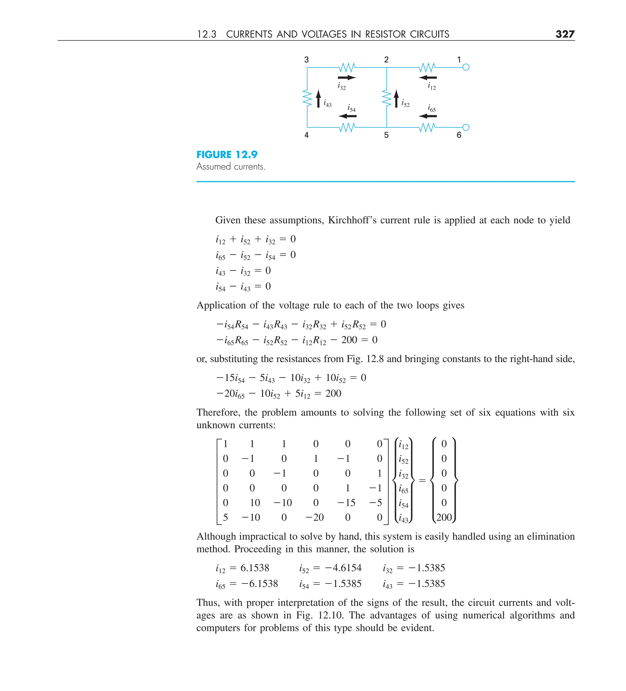 12.3 CURRENTS AND VOLTAGES IN RESISTOR CIRCUITS 327
Given these assumptions, Kirchhoff’s current rule is applied at each node to yield
i12 1 i52 1 i32 5 0
i65 2 i52 2 i54 5 0
i43 2 i32 5 0
i54 2 i43 5 0
Application of the voltage rule to each of the two loops gives
2i54R54 2 i43R43 2 i32R32 1 i52 R52 5 0
2i65R65 2 i52R52 2 i12R12 2 200 5 0
or, substituting the resistances from Fig. 12.8 and bringing constants to the right-hand side,
215i54 2 5i43 2 10i32 1 10i52 5 0
220i65 2 10i52 1 5i12 5 200
Therefore, the problem amounts to solving the following set of six equations with six
unknown currents:
F
1 1 1 0 0 0
0 21 0 1 21 0
0 0 21 0 0 1
0 0 0 0 1 21
0 10 210 0 215 25
5 210 0 220 0 0
V f
i12
i52
i32
i65
i54
i43
v 5 f
0
0
0
0
0
200
v
Although impractical to solve by hand, this system is easily handled using an elimination
method. Proceeding in this manner, the solution is
i12 5 6.1538 i52 5 24.6154 i32 5 21.5385
i65 5 26.1538 i54 5 21.5385 i43 5 21.5385
Thus, with proper interpretation of the signs of the result, the circuit currents and volt-
ages are as shown in Fig. 12.10. The advantages of using numerical algorithms and
computers for problems of this type should be evident.
FIGURE 12.9
Assumed currents.
3 2 1
4 5 6
i12
i65
i52
i32
i54
i43
 