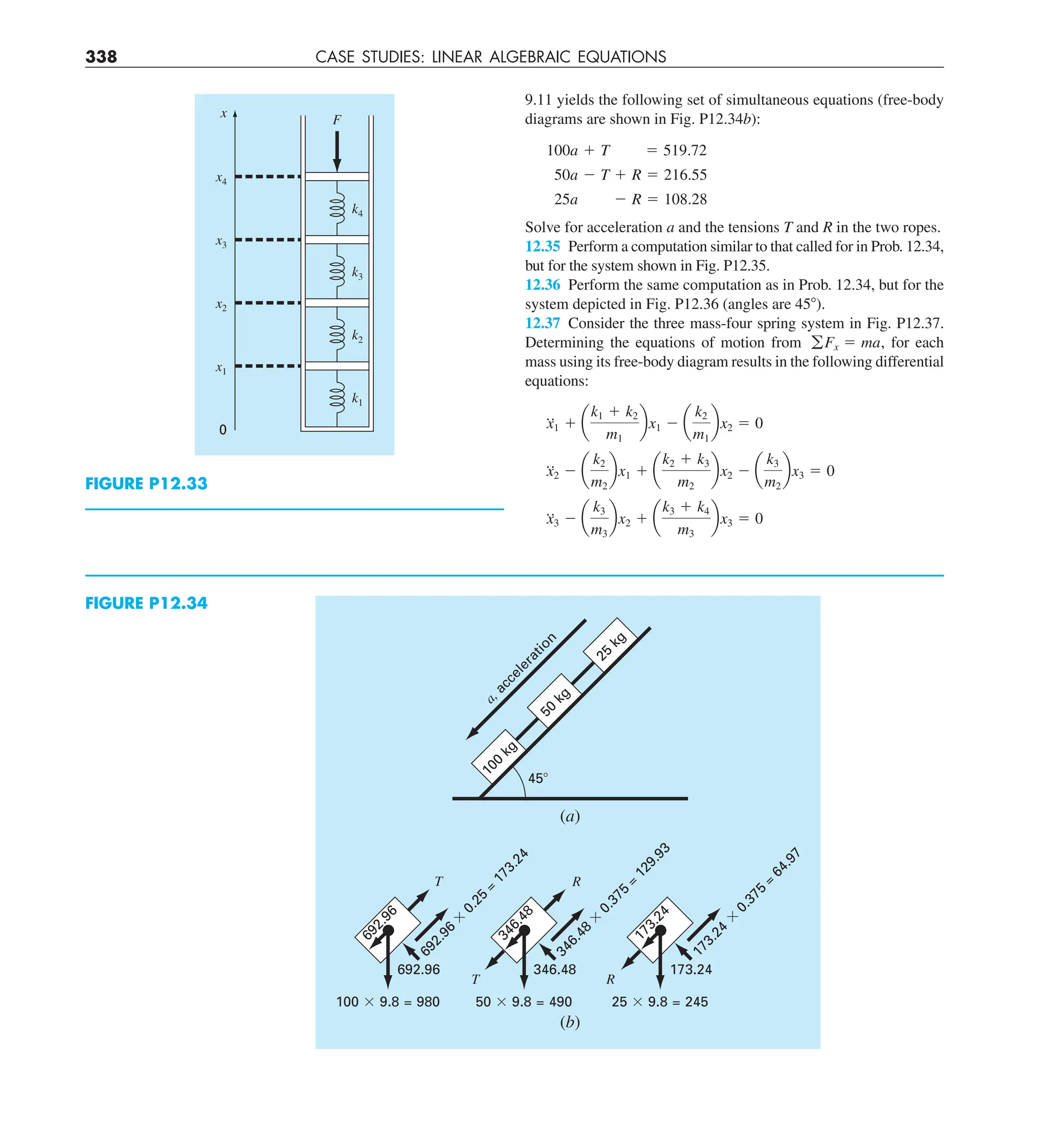 338 CASE STUDIES: LINEAR ALGEBRAIC EQUATIONS
9.11 yields the following set of simultaneous equations (free-body
diagrams are shown in Fig. P12.34b):
100a 1 T 5 519.72
50a 2 T 1 R 5 216.55
25a 2 R 5 108.28
Solve for acceleration a and the tensions T and R in the two ropes.
12.35 Perform a computation similar to that called for in Prob. 12.34,
but for the system shown in Fig. P12.35.
12.36 Perform the same computation as in Prob. 12.34, but for the
system depicted in Fig. P12.36 (angles are 458).
12.37 Consider the three mass-four spring system in Fig. P12.37.
Determining the equations of motion from gFx 5 ma, for each
mass using its free-body diagram results in the following differential
equations:
x
$
1 1 a
k1 1 k2
m1
bx1 2 a
k2
m1
bx2 5 0
x
$
2 2 a
k2
m2
bx1 1 a
k2 1 k3
m2
bx2 2 a
k3
m2
bx3 5 0
x
$
3 2 a
k3
m3
bx2 1 a
k3 1 k4
m3
bx3 5 0
FIGURE P12.33
F
k4
x4
x
x3
x2
x1
0
k3
k2
k1
FIGURE P12.34
(b)
(a)
1
0
0
k
g
5
0
k
g
a
,
a
c
c
e
l
e
r
a
t
i
o
n
2
5
k
g
45⬚
R
T
R
T
6
9
2
.
9
6
692.96
100 ⫻ 9.8 = 980
6
9
2
.
9
6
⫻
0
.
2
5
=
1
7
3
.
2
4
3
4
6
.
4
8
346.48
50 ⫻ 9.8 = 490
3
4
6
.
4
8
⫻
0
.
3
7
5
=
1
2
9
.
9
3
1
7
3
.
2
4
173.24
25 ⫻ 9.8 = 245
1
7
3
.
2
4
⫻
0
.
3
7
5
=
6
4
.
9
7
 