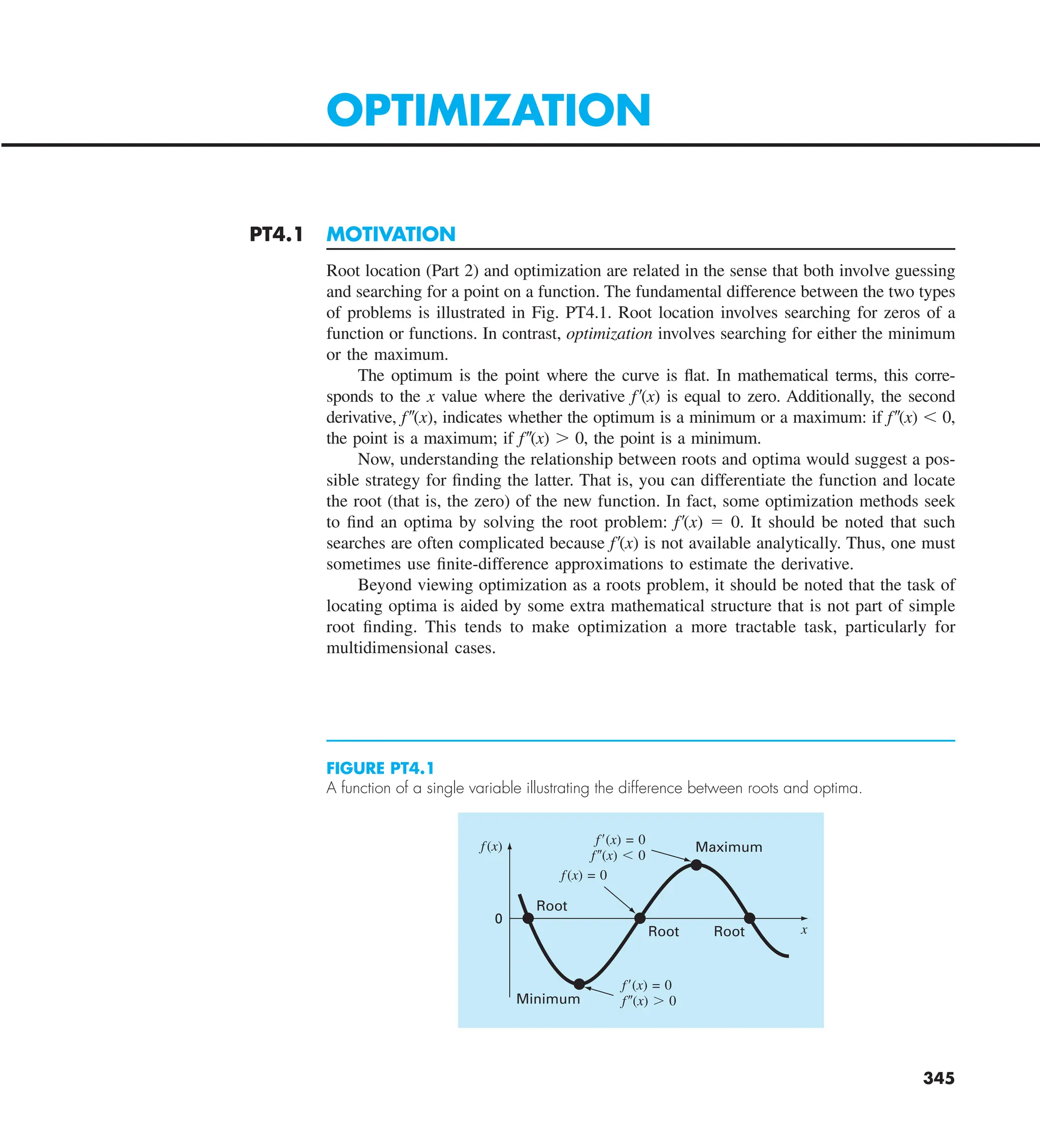 345
PT4.1 MOTIVATION
Root location (Part 2) and optimization are related in the sense that both involve guessing
and searching for a point on a function. The fundamental difference between the two types
of problems is illustrated in Fig. PT4.1. Root location involves searching for zeros of a
function or functions. In contrast, optimization involves searching for either the minimum
or the maximum.
The optimum is the point where the curve is flat. In mathematical terms, this corre-
sponds to the x value where the derivative f9(x) is equal to zero. Additionally, the second
derivative, f0(x), indicates whether the optimum is a minimum or a maximum: if f0(x) , 0,
the point is a maximum; if f0(x) . 0, the point is a minimum.
Now, understanding the relationship between roots and optima would suggest a pos-
sible strategy for finding the latter. That is, you can differentiate the function and locate
the root (that is, the zero) of the new function. In fact, some optimization methods seek
to find an optima by solving the root problem: f9(x) 5 0. It should be noted that such
searches are often complicated because f9(x) is not available analytically. Thus, one must
sometimes use finite-difference approximations to estimate the derivative.
Beyond viewing optimization as a roots problem, it should be noted that the task of
locating optima is aided by some extra mathematical structure that is not part of simple
root finding. This tends to make optimization a more tractable task, particularly for
multidimensional cases.
OPTIMIZATION
FIGURE PT4.1
A function of a single variable illustrating the difference between roots and optima.
Maximum
Minimum
0
Root
Root
Root
f(x)
x
f⬘(x) = 0
f⬙(x) ⬎ 0
f⬘(x) = 0
f⬙(x) ⬍ 0
f(x) = 0
 