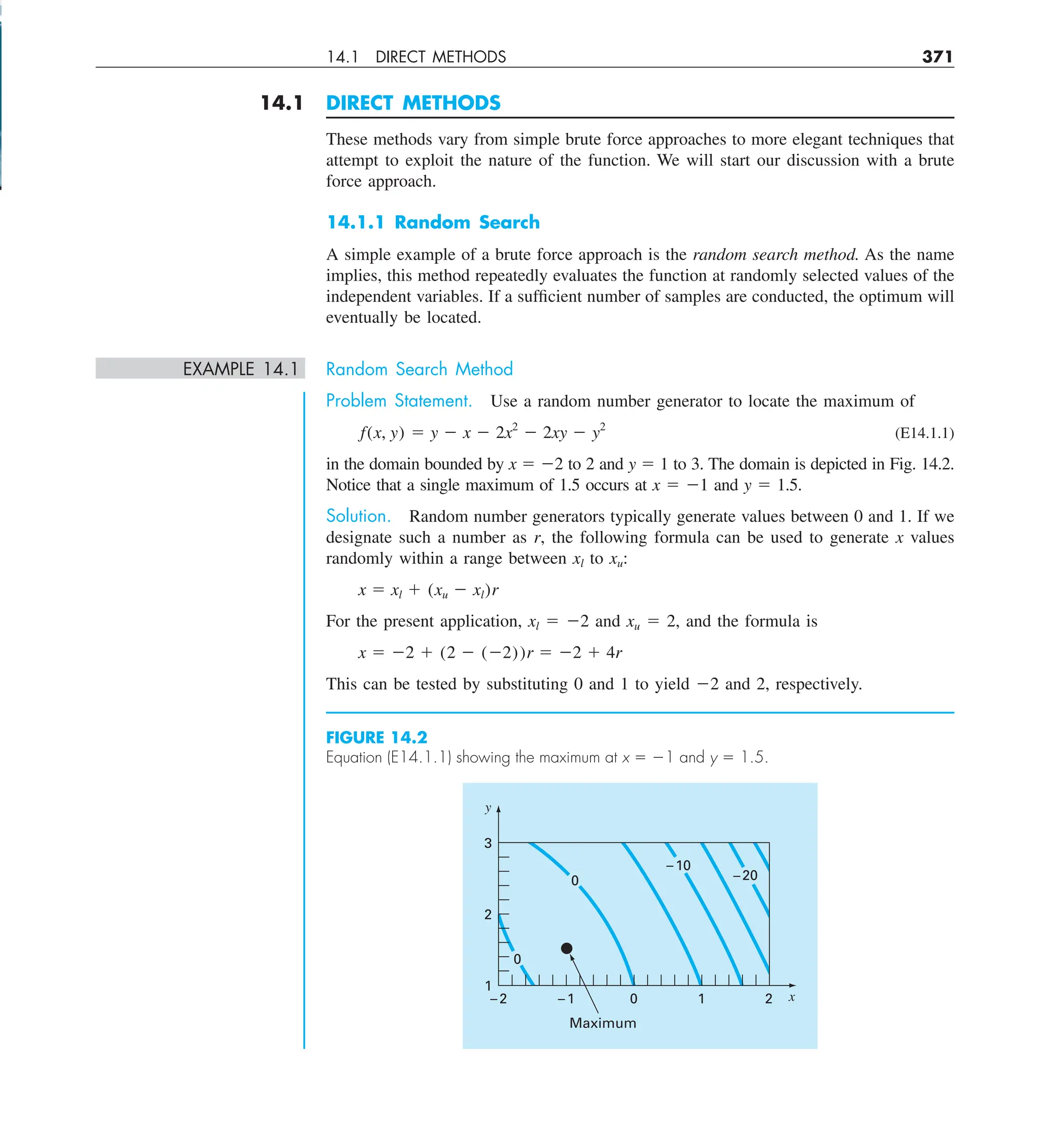 14.1 DIRECT METHODS 371
14.1 DIRECT METHODS
These methods vary from simple brute force approaches to more elegant techniques that
attempt to exploit the nature of the function. We will start our discussion with a brute
force approach.
14.1.1 Random Search
A simple example of a brute force approach is the random search method. As the name
implies, this method repeatedly evaluates the function at randomly selected values of the
independent variables. If a sufficient number of samples are conducted, the optimum will
eventually be located.
EXAMPLE 14.1 Random Search Method
Problem Statement. Use a random number generator to locate the maximum of
f(x, y) 5 y 2 x 2 2x2
2 2xy 2 y2
(E14.1.1)
in the domain bounded by x 5 22 to 2 and y 5 1 to 3. The domain is depicted in Fig. 14.2.
Notice that a single maximum of 1.5 occurs at x 5 21 and y 5 1.5.
Solution. Random number generators typically generate values between 0 and 1. If we
designate such a number as r, the following formula can be used to generate x values
randomly within a range between xl to xu:
x 5 xl 1 (xu 2 xl)r
For the present application, xl 5 22 and xu 5 2, and the formula is
x 5 22 1 (2 2 (22))r 5 22 1 4r
This can be tested by substituting 0 and 1 to yield 22 and 2, respectively.
FIGURE 14.2
Equation (E14.1.1) showing the maximum at x 5 21 and y 5 1.5.
2
1
0
0
0
–10
–20
Maximum
–1
–2
1
2
3
y
x
 