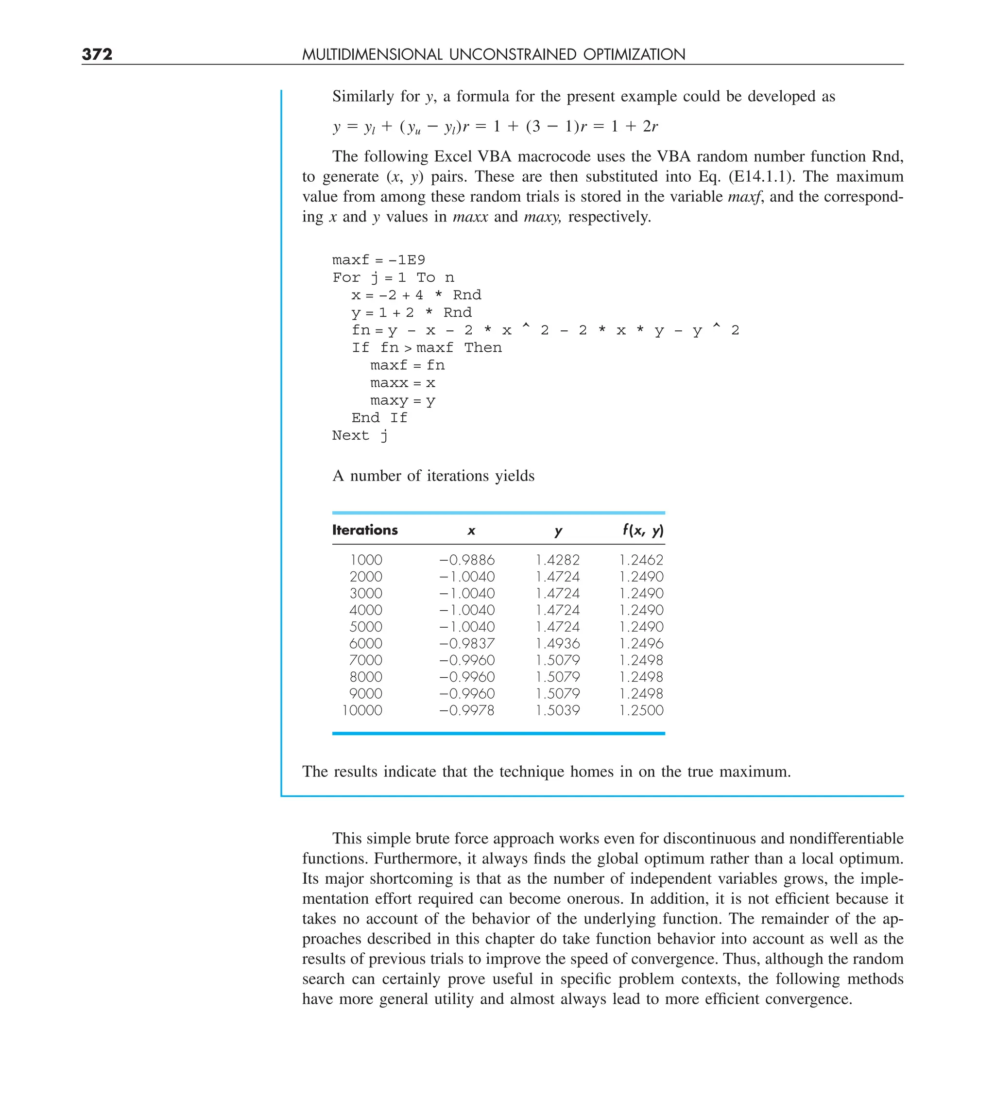 372 MULTIDIMENSIONAL UNCONSTRAINED OPTIMIZATION
This simple brute force approach works even for discontinuous and nondifferentiable
functions. Furthermore, it always finds the global optimum rather than a local optimum.
Its major shortcoming is that as the number of independent variables grows, the imple-
mentation effort required can become onerous. In addition, it is not efficient because it
takes no account of the behavior of the underlying function. The remainder of the ap-
proaches described in this chapter do take function behavior into account as well as the
results of previous trials to improve the speed of convergence. Thus, although the random
search can certainly prove useful in specific problem contexts, the following methods
have more general utility and almost always lead to more efficient convergence.
Iterations x y f (x, y)
1000 20.9886 1.4282 1.2462
2000 21.0040 1.4724 1.2490
3000 21.0040 1.4724 1.2490
4000 21.0040 1.4724 1.2490
5000 21.0040 1.4724 1.2490
6000 20.9837 1.4936 1.2496
7000 20.9960 1.5079 1.2498
8000 20.9960 1.5079 1.2498
9000 20.9960 1.5079 1.2498
10000 20.9978 1.5039 1.2500
Similarly for y, a formula for the present example could be developed as
y 5 yl 1 (yu 2 yl)r 5 1 1 (3 2 1)r 5 1 1 2r
The following Excel VBA macrocode uses the VBA random number function Rnd,
to generate (x, y) pairs. These are then substituted into Eq. (E14.1.1). The maximum
value from among these random trials is stored in the variable maxf, and the correspond-
ing x and y values in maxx and maxy, respectively.
maxf = −1E9
For j = 1 To n
x = −2 + 4 * Rnd
y = 1 + 2 * Rnd
fn = y − x − 2 * x ^ 2 − 2 * x * y − y ^ 2
If fn  maxf Then
maxf = fn
maxx = x
maxy = y
End If
Next j
A number of iterations yields
The results indicate that the technique homes in on the true maximum.
 