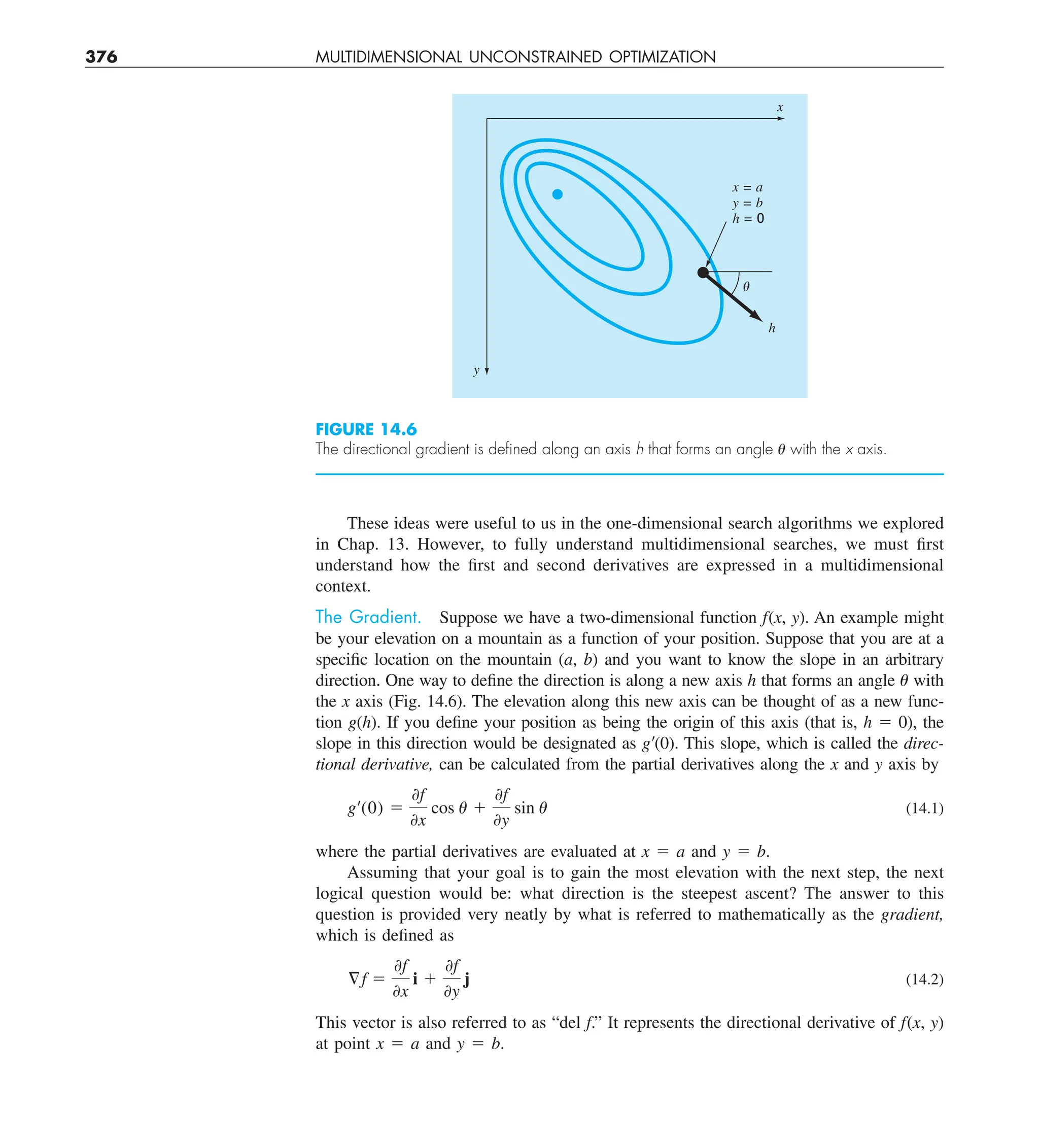 376 MULTIDIMENSIONAL UNCONSTRAINED OPTIMIZATION
These ideas were useful to us in the one-dimensional search algorithms we explored
in Chap. 13. However, to fully understand multidimensional searches, we must first
understand how the first and second derivatives are expressed in a multidimensional
context.
The Gradient. Suppose we have a two-dimensional function f(x, y). An example might
be your elevation on a mountain as a function of your position. Suppose that you are at a
specific location on the mountain (a, b) and you want to know the slope in an arbitrary
direction. One way to define the direction is along a new axis h that forms an angle u with
the x axis (Fig. 14.6). The elevation along this new axis can be thought of as a new func-
tion g(h). If you define your position as being the origin of this axis (that is, h 5 0), the
slope in this direction would be designated as g9(0). This slope, which is called the direc-
tional derivative, can be calculated from the partial derivatives along the x and y axis by
g¿(0) 5
0f
0x
cos u 1
0f
0y
sin u (14.1)
where the partial derivatives are evaluated at x 5 a and y 5 b.
Assuming that your goal is to gain the most elevation with the next step, the next
logical question would be: what direction is the steepest ascent? The answer to this
question is provided very neatly by what is referred to mathematically as the gradient,
which is defined as
§f 5
0f
0x
i 1
0f
0y
j (14.2)
This vector is also referred to as “del f.” It represents the directional derivative of f(x, y)
at point x 5 a and y 5 b.
x = a
y = b
h = 0
h
␪
y
x
FIGURE 14.6
The directional gradient is deﬁned along an axis h that forms an angle u with the x axis.
 