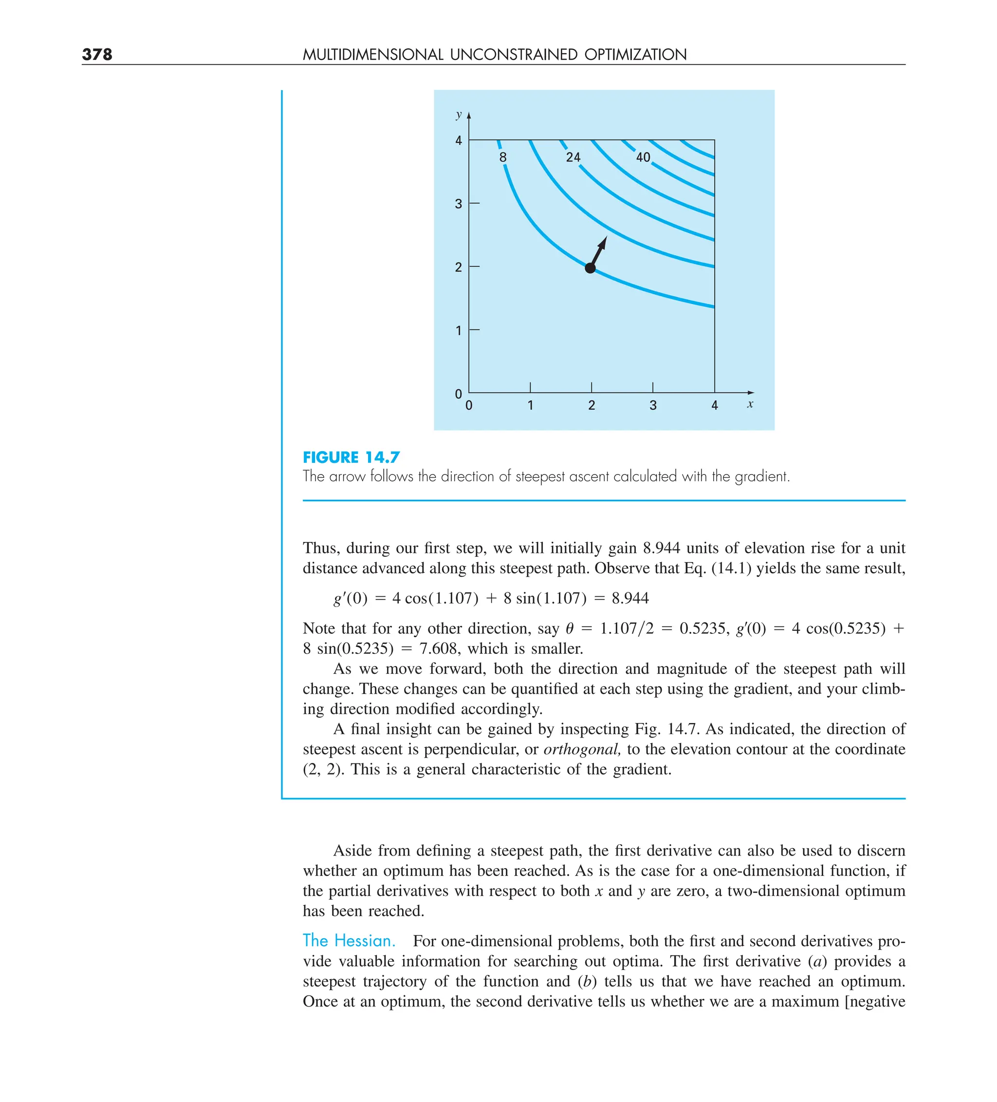 378 MULTIDIMENSIONAL UNCONSTRAINED OPTIMIZATION
Thus, during our first step, we will initially gain 8.944 units of elevation rise for a unit
distance advanced along this steepest path. Observe that Eq. (14.1) yields the same result,
g¿(0) 5 4 cos(1.107) 1 8 sin(1.107) 5 8.944
Note that for any other direction, say u 5 1.107y2 5 0.5235, g9(0) 5 4 cos(0.5235) 1
8 sin(0.5235) 5 7.608, which is smaller.
As we move forward, both the direction and magnitude of the steepest path will
change. These changes can be quantified at each step using the gradient, and your climb-
ing direction modified accordingly.
A final insight can be gained by inspecting Fig. 14.7. As indicated, the direction of
steepest ascent is perpendicular, or orthogonal, to the elevation contour at the coordinate
(2, 2). This is a general characteristic of the gradient.
0
0
1
2
3
4
1 2 3 4
y
x
8 24 40
FIGURE 14.7
The arrow follows the direction of steepest ascent calculated with the gradient.
Aside from defining a steepest path, the first derivative can also be used to discern
whether an optimum has been reached. As is the case for a one-dimensional function, if
the partial derivatives with respect to both x and y are zero, a two-dimensional optimum
has been reached.
The Hessian. For one-dimensional problems, both the first and second derivatives pro-
vide valuable information for searching out optima. The first derivative (a) provides a
steepest trajectory of the function and (b) tells us that we have reached an optimum.
Once at an optimum, the second derivative tells us whether we are a maximum [negative
 