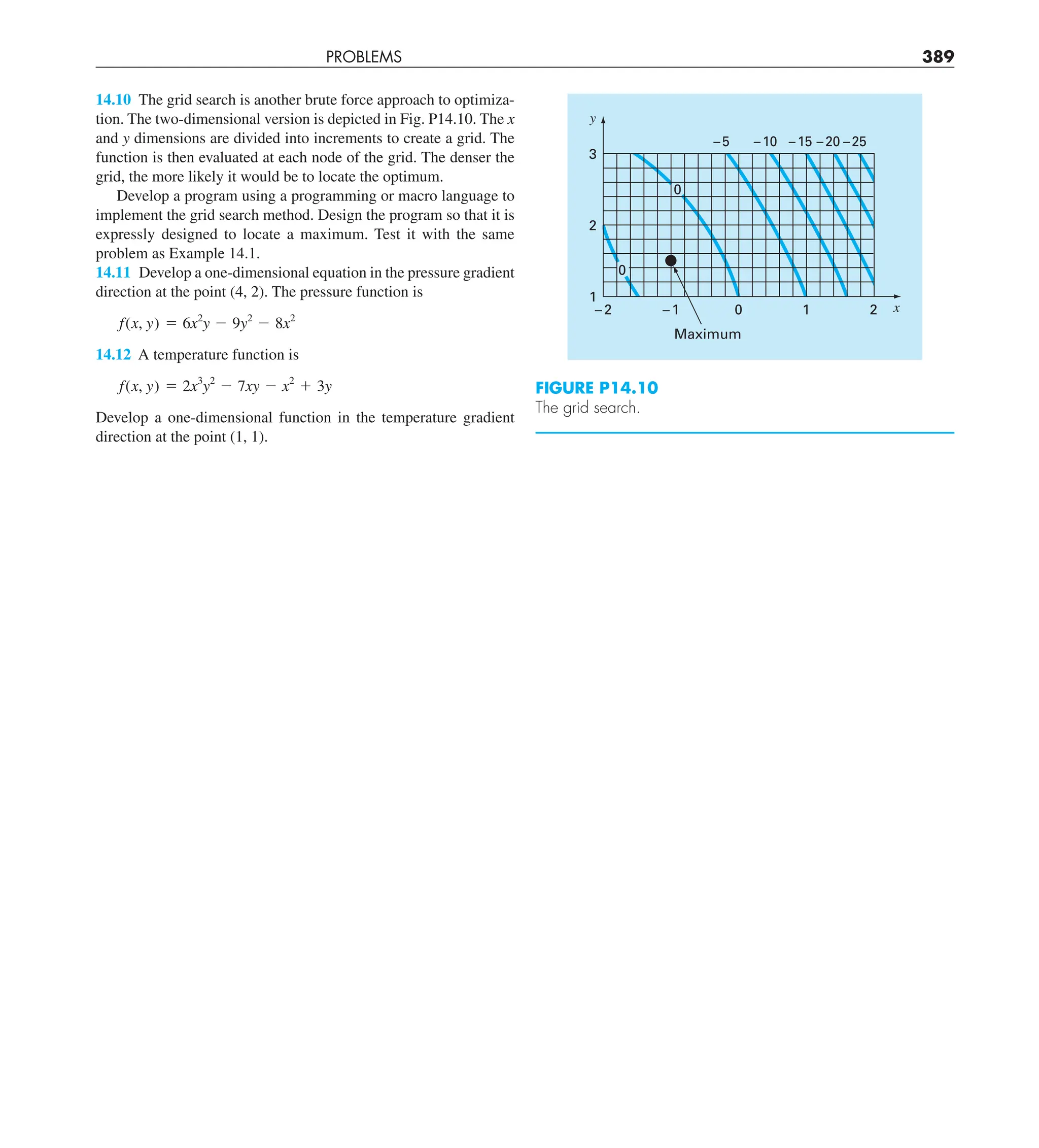 PROBLEMS 389
14.10 The grid search is another brute force approach to optimiza-
tion. The two-dimensional version is depicted in Fig. P14.10. The x
and y dimensions are divided into increments to create a grid. The
function is then evaluated at each node of the grid. The denser the
grid, the more likely it would be to locate the optimum.
Develop a program using a programming or macro language to
implement the grid search method. Design the program so that it is
expressly designed to locate a maximum. Test it with the same
problem as Example 14.1.
14.11 Develop a one-dimensional equation in the pressure gradient
direction at the point (4, 2). The pressure function is
f(x, y) 5 6x2
y 2 9y2
2 8x2
14.12 A temperature function is
f(x, y) 5 2x3
y2
2 7xy 2 x2
1 3y
Develop a one-dimensional function in the temperature gradient
direction at the point (1, 1).
FIGURE P14.10
The grid search.
2
1
0
–5 –10 –15 –20 –25
0
0
Maximum
–1
–2
1
2
3
y
x
 