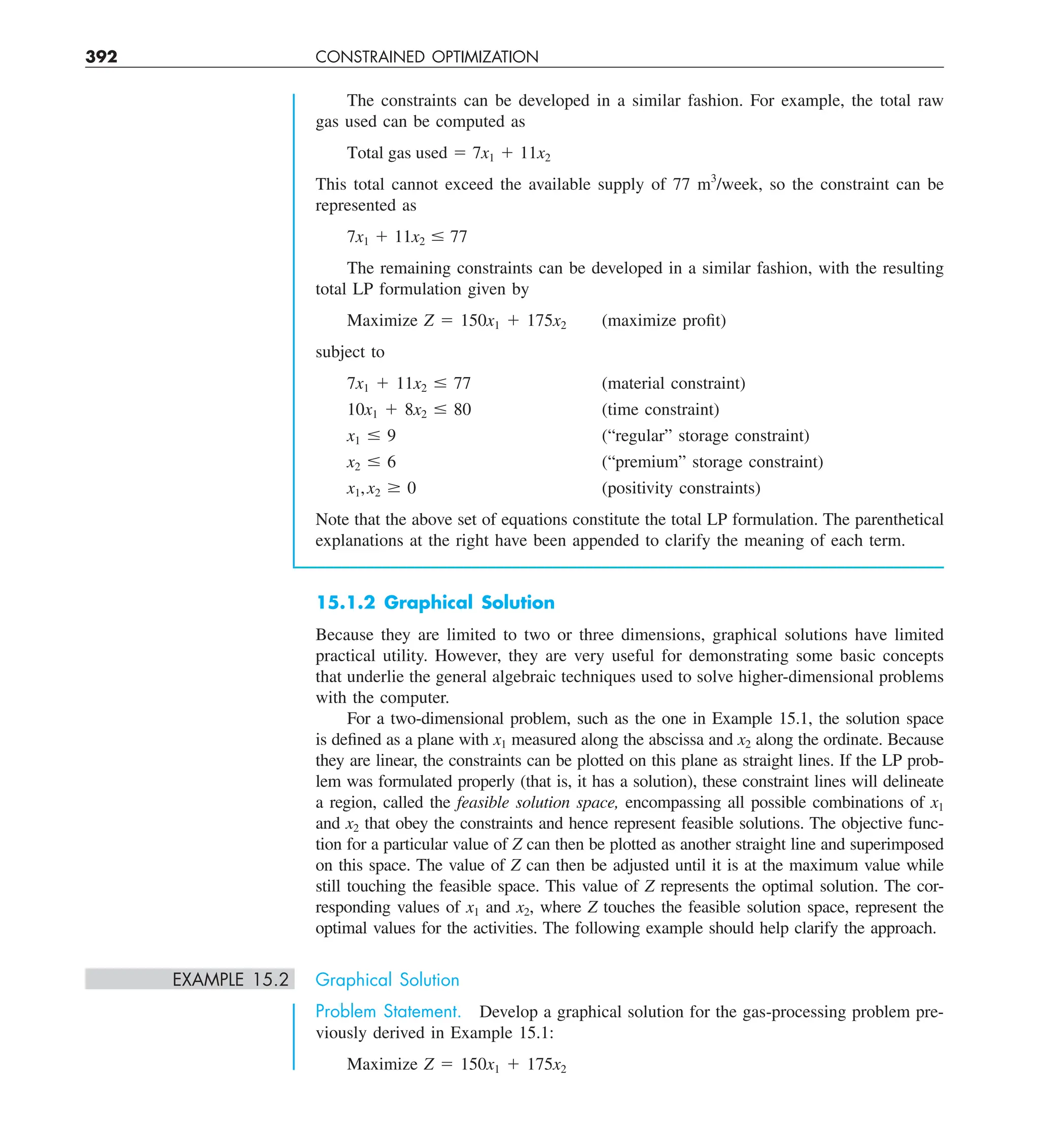392 CONSTRAINED OPTIMIZATION
The constraints can be developed in a similar fashion. For example, the total raw
gas used can be computed as
Total gas used 5 7x1 1 11x2
This total cannot exceed the available supply of 77 m3
/week, so the constraint can be
represented as
7x1 1 11x2 # 77
The remaining constraints can be developed in a similar fashion, with the resulting
total LP formulation given by
Maximize Z 5 150x1 1 175x2 (maximize profit)
subject to
7x1 1 11x2 # 77 (material constraint)
10x1 1 8x2 # 80 (time constraint)
x1 # 9 (“regular” storage constraint)
x2 # 6 (“premium” storage constraint)
x1,x2 $ 0 (positivity constraints)
Note that the above set of equations constitute the total LP formulation. The parenthetical
explanations at the right have been appended to clarify the meaning of each term.
15.1.2 Graphical Solution
Because they are limited to two or three dimensions, graphical solutions have limited
practical utility. However, they are very useful for demonstrating some basic concepts
that underlie the general algebraic techniques used to solve higher-dimensional problems
with the computer.
For a two-dimensional problem, such as the one in Example 15.1, the solution space
is defined as a plane with x1 measured along the abscissa and x2 along the ordinate. Because
they are linear, the constraints can be plotted on this plane as straight lines. If the LP prob-
lem was formulated properly (that is, it has a solution), these constraint lines will delineate
a region, called the feasible solution space, encompassing all possible combinations of x1
and x2 that obey the constraints and hence represent feasible solutions. The objective func-
tion for a particular value of Z can then be plotted as another straight line and superimposed
on this space. The value of Z can then be adjusted until it is at the maximum value while
still touching the feasible space. This value of Z represents the optimal solution. The cor-
responding values of x1 and x2, where Z touches the feasible solution space, represent the
optimal values for the activities. The following example should help clarify the approach.
EXAMPLE 15.2 Graphical Solution
Problem Statement. Develop a graphical solution for the gas-processing problem pre-
viously derived in Example 15.1:
Maximize Z 5 150x1 1 175x2
 