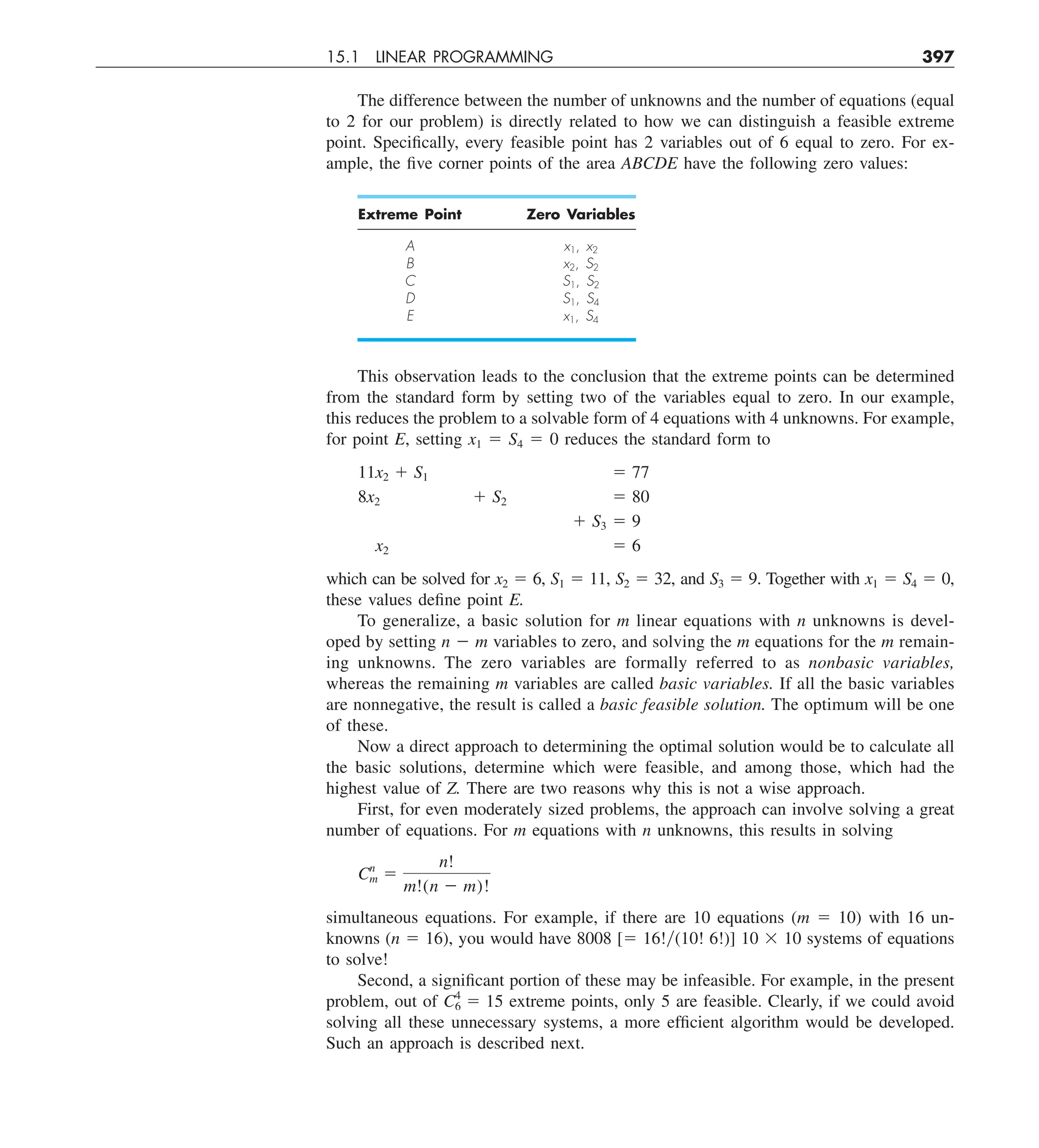 15.1 LINEAR PROGRAMMING 397
The difference between the number of unknowns and the number of equations (equal
to 2 for our problem) is directly related to how we can distinguish a feasible extreme
point. Specifically, every feasible point has 2 variables out of 6 equal to zero. For ex-
ample, the five corner points of the area ABCDE have the following zero values:
Extreme Point Zero Variables
A x1, x2
B x2, S2
C S1, S2
D S1, S4
E x1, S4
This observation leads to the conclusion that the extreme points can be determined
from the standard form by setting two of the variables equal to zero. In our example,
this reduces the problem to a solvable form of 4 equations with 4 unknowns. For example,
for point E, setting x1 5 S4 5 0 reduces the standard form to
11x2 1 S1
8x2 1 S2
1 S3
x2
5 77
5 80
5 9
5 6
which can be solved for x2 5 6, S1 5 11, S2 5 32, and S3 5 9. Together with x1 5 S4 5 0,
these values define point E.
To generalize, a basic solution for m linear equations with n unknowns is devel-
oped by setting n 2 m variables to zero, and solving the m equations for the m remain-
ing unknowns. The zero variables are formally referred to as nonbasic variables,
whereas the remaining m variables are called basic variables. If all the basic variables
are nonnegative, the result is called a basic feasible solution. The optimum will be one
of these.
Now a direct approach to determining the optimal solution would be to calculate all
the basic solutions, determine which were feasible, and among those, which had the
highest value of Z. There are two reasons why this is not a wise approach.
First, for even moderately sized problems, the approach can involve solving a great
number of equations. For m equations with n unknowns, this results in solving
Cn
m 5
n!
m!(n 2 m)!
simultaneous equations. For example, if there are 10 equations (m 5 10) with 16 un-
knowns (n 5 16), you would have 8008 [5 16!y(10! 6!)] 10 3 10 systems of equations
to solve!
Second, a significant portion of these may be infeasible. For example, in the present
problem, out of C4
6 5 15 extreme points, only 5 are feasible. Clearly, if we could avoid
solving all these unnecessary systems, a more efficient algorithm would be developed.
Such an approach is described next.
 