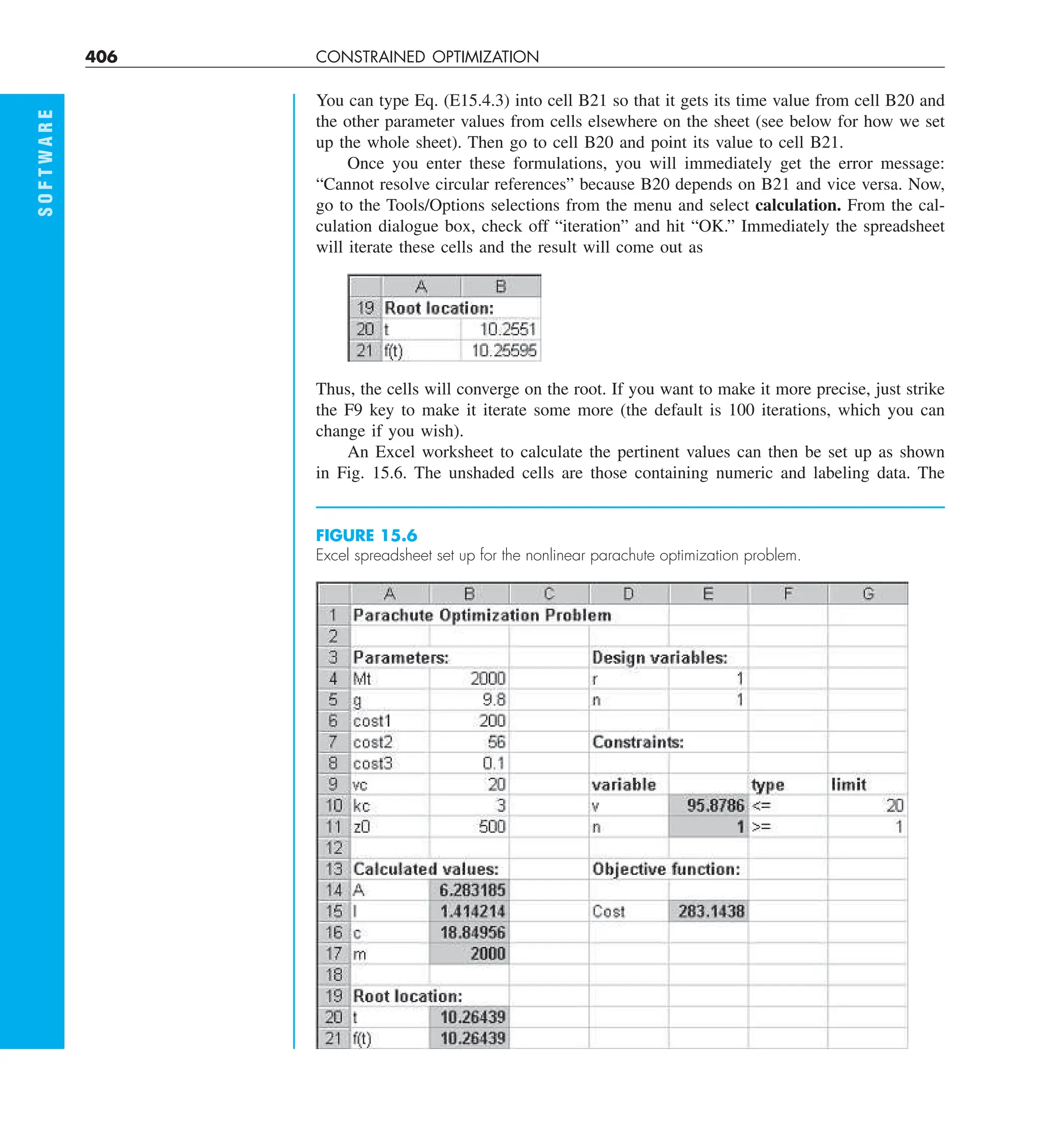 406 CONSTRAINED OPTIMIZATION
S
O
F
T
W
A
R
E
You can type Eq. (E15.4.3) into cell B21 so that it gets its time value from cell B20 and
the other parameter values from cells elsewhere on the sheet (see below for how we set
up the whole sheet). Then go to cell B20 and point its value to cell B21.
Once you enter these formulations, you will immediately get the error message:
“Cannot resolve circular references” because B20 depends on B21 and vice versa. Now,
go to the Tools/Options selections from the menu and select calculation. From the cal-
culation dialogue box, check off “iteration” and hit “OK.” Immediately the spreadsheet
will iterate these cells and the result will come out as
FIGURE 15.6
Excel spreadsheet set up for the nonlinear parachute optimization problem.
Thus, the cells will converge on the root. If you want to make it more precise, just strike
the F9 key to make it iterate some more (the default is 100 iterations, which you can
change if you wish).
An Excel worksheet to calculate the pertinent values can then be set up as shown
in Fig. 15.6. The unshaded cells are those containing numeric and labeling data. The
 