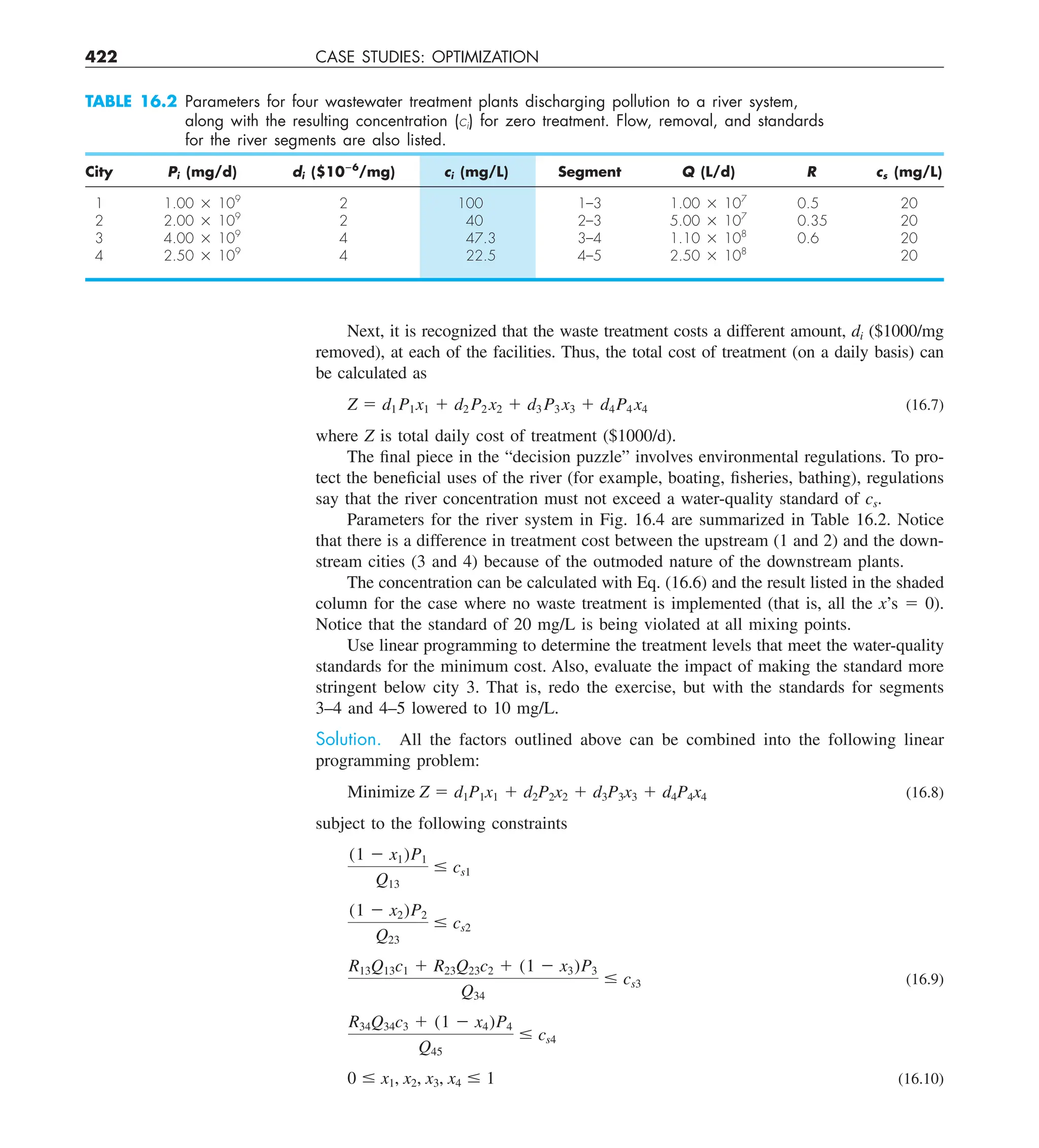 422 CASE STUDIES: OPTIMIZATION
Next, it is recognized that the waste treatment costs a different amount, di ($1000/mg
removed), at each of the facilities. Thus, the total cost of treatment (on a daily basis) can
be calculated as
Z 5 d1 P1x1 1 d2 P2 x2 1 d3 P3 x3 1 d4P4 x4 (16.7)
where Z is total daily cost of treatment ($1000/d).
The final piece in the “decision puzzle” involves environmental regulations. To pro-
tect the beneficial uses of the river (for example, boating, fisheries, bathing), regulations
say that the river concentration must not exceed a water-quality standard of cs.
Parameters for the river system in Fig. 16.4 are summarized in Table 16.2. Notice
that there is a difference in treatment cost between the upstream (1 and 2) and the down-
stream cities (3 and 4) because of the outmoded nature of the downstream plants.
The concentration can be calculated with Eq. (16.6) and the result listed in the shaded
column for the case where no waste treatment is implemented (that is, all the x’s 5 0).
Notice that the standard of 20 mg/L is being violated at all mixing points.
Use linear programming to determine the treatment levels that meet the water-quality
standards for the minimum cost. Also, evaluate the impact of making the standard more
stringent below city 3. That is, redo the exercise, but with the standards for segments
3–4 and 4–5 lowered to 10 mg/L.
Solution. All the factors outlined above can be combined into the following linear
programming problem:
Minimize Z 5 d1P1x1 1 d2P2x2 1 d3P3x3 1 d4P4x4 (16.8)
subject to the following constraints
(1 2 x1)P1
Q13
# cs1
(1 2 x2)P2
Q23
# cs2
R13Q13c1 1 R23Q23c2 1 (1 2 x3)P3
Q34
# cs3 (16.9)
R34Q34c3 1 (1 2 x4)P4
Q45
# cs4
0 # x1, x2, x3, x4 # 1 (16.10)
TABLE 16.2 Parameters for four wastewater treatment plants discharging pollution to a river system,
along with the resulting concentration (ci) for zero treatment. Flow, removal, and standards
for the river segments are also listed.
City Pi (mg/d) di ($1026
/mg) ci (mg/L) Segment Q (L/d) R cs (mg/L)
1 1.00 3 109
2 100 1–3 1.00 3 107
0.5 20
2 2.00 3 109
2 40 2–3 5.00 3 107
0.35 20
3 4.00 3 109
4 47.3 3–4 1.10 3 108
0.6 20
4 2.50 3 109
4 22.5 4–5 2.50 3 108
20
 