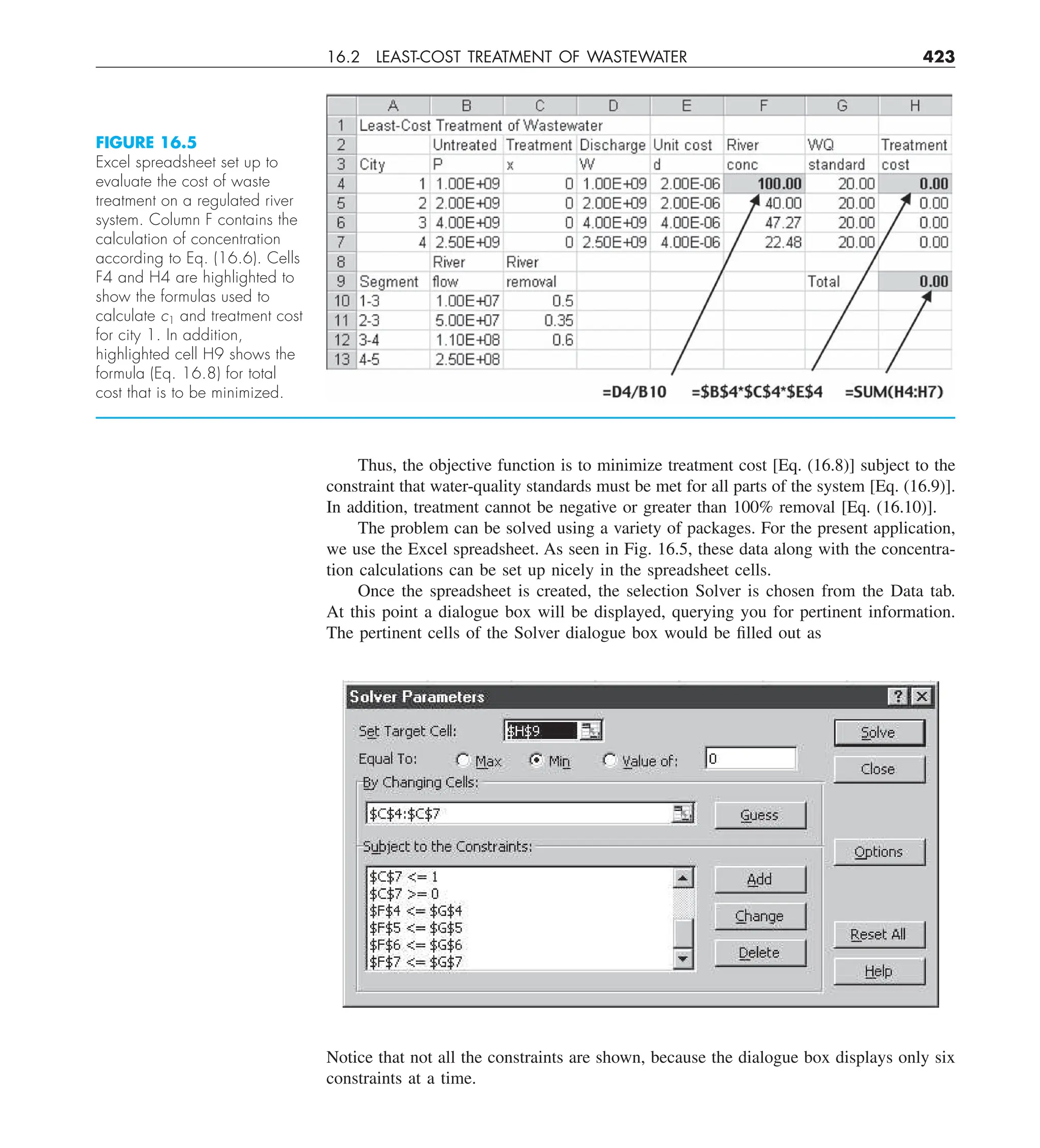 16.2 LEAST-COST TREATMENT OF WASTEWATER 423
Thus, the objective function is to minimize treatment cost [Eq. (16.8)] subject to the
constraint that water-quality standards must be met for all parts of the system [Eq. (16.9)].
In addition, treatment cannot be negative or greater than 100% removal [Eq. (16.10)].
The problem can be solved using a variety of packages. For the present application,
we use the Excel spreadsheet. As seen in Fig. 16.5, these data along with the concentra-
tion calculations can be set up nicely in the spreadsheet cells.
Once the spreadsheet is created, the selection Solver is chosen from the Data tab.
At this point a dialogue box will be displayed, querying you for pertinent information.
The pertinent cells of the Solver dialogue box would be filled out as
FIGURE 16.5
Excel spreadsheet set up to
evaluate the cost of waste
treatment on a regulated river
system. Column F contains the
calculation of concentration
according to Eq. (16.6). Cells
F4 and H4 are highlighted to
show the formulas used to
calculate c1 and treatment cost
for city 1. In addition,
highlighted cell H9 shows the
formula (Eq. 16.8) for total
cost that is to be minimized.
Notice that not all the constraints are shown, because the dialogue box displays only six
constraints at a time.
 