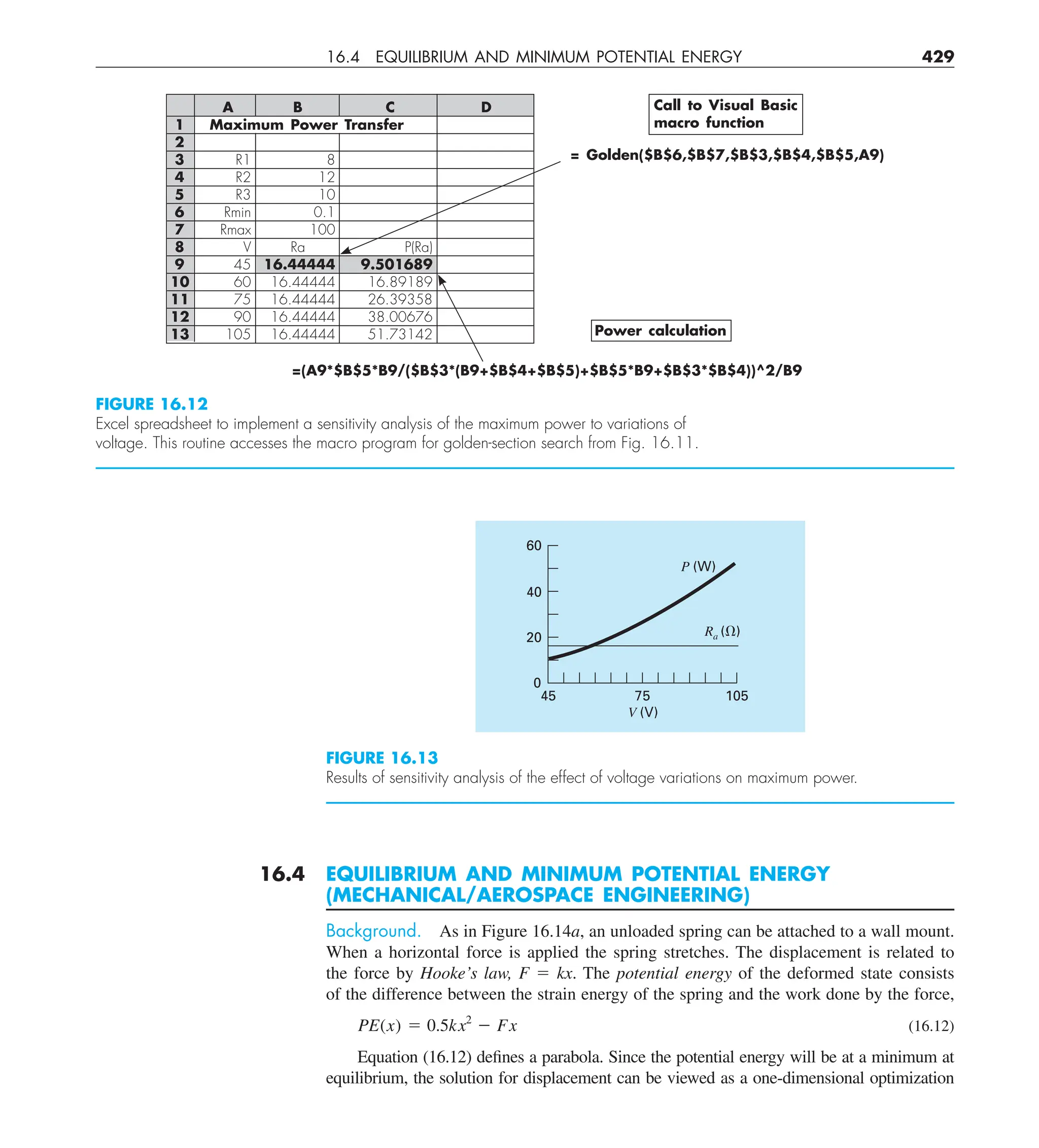 16.4 EQUILIBRIUM AND MINIMUM POTENTIAL ENERGY 429
FIGURE 16.13
Results of sensitivity analysis of the effect of voltage variations on maximum power.
45 105
40
60
0
P (W)
75
20 Ra (⍀)
V (V)
16.4 EQUILIBRIUM AND MINIMUM POTENTIAL ENERGY
(MECHANICAL/AEROSPACE ENGINEERING)
Background. As in Figure 16.14a, an unloaded spring can be attached to a wall mount.
When a horizontal force is applied the spring stretches. The displacement is related to
the force by Hooke’s law, F 5 kx. The potential energy of the deformed state consists
of the difference between the strain energy of the spring and the work done by the force,
PE(x) 5 0.5kx2
2 Fx (16.12)
Equation (16.12) defines a parabola. Since the potential energy will be at a minimum at
equilibrium, the solution for displacement can be viewed as a one-dimensional optimization
FIGURE 16.12
Excel spreadsheet to implement a sensitivity analysis of the maximum power to variations of
voltage. This routine accesses the macro program for golden-section search from Fig. 16.11.
=(A9*$B$5*B9/($B$3*(B9+$B$4+$B$5)+$B$5*B9+$B$3*$B$4))^2/B9
= Golden($B$6,$B$7,$B$3,$B$4,$B$5,A9)
Call to Visual Basic
macro function
Power calculation
A B C D
1 Maximum Power Transfer
2
3 R1 8
4 R2 12
5 R3 10
6 Rmin 0.1
7 Rmax 100
8 V Ra P(Ra)
9 45 16.44444 9.501689
10 60 16.44444 16.89189
11 75 16.44444 26.39358
12 90 16.44444 38.00676
13 105 16.44444 51.73142
 