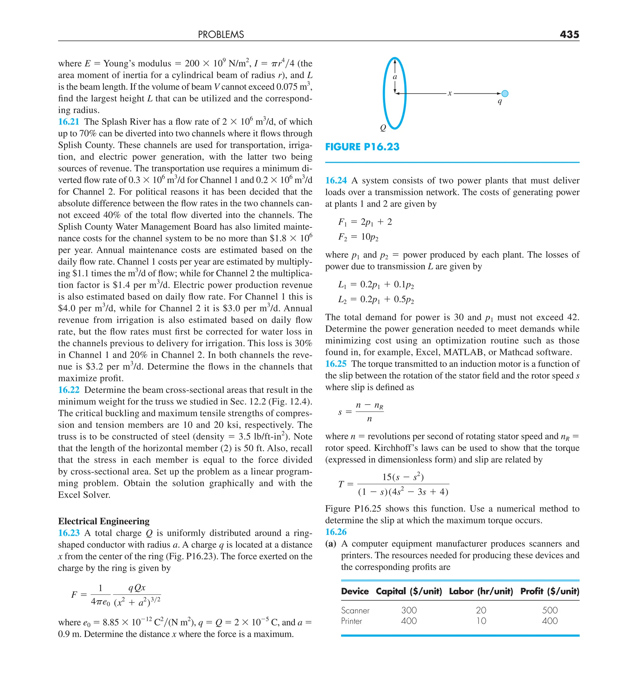 PROBLEMS 435
16.24 A system consists of two power plants that must deliver
loads over a transmission network. The costs of generating power
at plants 1 and 2 are given by
F1 5 2p1 1 2
F2 5 10p2
where p1 and p2 5 power produced by each plant. The losses of
power due to transmission L are given by
L1 5 0.2p1 1 0.1p2
L2 5 0.2p1 1 0.5p2
The total demand for power is 30 and p1 must not exceed 42.
Determine the power generation needed to meet demands while
minimizing cost using an optimization routine such as those
found in, for example, Excel, MATLAB, or Mathcad software.
16.25 The torque transmitted to an induction motor is a function of
the slip between the rotation of the stator field and the rotor speed s
where slip is defined as
s 5
n 2 nR
n
where n 5 revolutions per second of rotating stator speed and nR 5
rotor speed. Kirchhoff’s laws can be used to show that the torque
(expressed in dimensionless form) and slip are related by
T 5
15(s 2 s2
)
(1 2 s)(4s2
2 3s 1 4)
Figure P16.25 shows this function. Use a numerical method to
determine the slip at which the maximum torque occurs.
16.26
(a) A computer equipment manufacturer produces scanners and
printers. The resources needed for producing these devices and
the corresponding profits are
Device Capital ($/unit) Labor (hr/unit) Proﬁt ($/unit)
Scanner 300 20 500
Printer 400 10 400
where E 5 Young’s modulus 5 200 3 109
N/m2
, I 5 pr4
y4 (the
area moment of inertia for a cylindrical beam of radius r), and L
is the beam length. If the volume of beam V cannot exceed 0.075 m3
,
find the largest height L that can be utilized and the correspond-
ing radius.
16.21 The Splash River has a flow rate of 2 3 106
m3
/d, of which
up to 70% can be diverted into two channels where it flows through
Splish County. These channels are used for transportation, irriga-
tion, and electric power generation, with the latter two being
sources of revenue. The transportation use requires a minimum di-
verted flow rate of 0.3 3 106
m3
/d for Channel 1 and 0.2 3 106
m3
/d
for Channel 2. For political reasons it has been decided that the
absolute difference between the flow rates in the two channels can-
not exceed 40% of the total flow diverted into the channels. The
Splish County Water Management Board has also limited mainte-
nance costs for the channel system to be no more than $1.8 3 106
per year. Annual maintenance costs are estimated based on the
daily flow rate. Channel 1 costs per year are estimated by multiply-
ing $1.1 times the m3
/d of flow; while for Channel 2 the multiplica-
tion factor is $1.4 per m3
/d. Electric power production revenue
is also estimated based on daily flow rate. For Channel 1 this is
$4.0 per m3
/d, while for Channel 2 it is $3.0 per m3
/d. Annual
revenue from irrigation is also estimated based on daily flow
rate, but the flow rates must first be corrected for water loss in
the channels previous to delivery for irrigation. This loss is 30%
in Channel 1 and 20% in Channel 2. In both channels the reve-
nue is $3.2 per m3
/d. Determine the flows in the channels that
maximize profit.
16.22 Determine the beam cross-sectional areas that result in the
minimum weight for the truss we studied in Sec. 12.2 (Fig. 12.4).
The critical buckling and maximum tensile strengths of compres-
sion and tension members are 10 and 20 ksi, respectively. The
truss is to be constructed of steel (density 5 3.5 lb/ft-in2
). Note
that the length of the horizontal member (2) is 50 ft. Also, recall
that the stress in each member is equal to the force divided
by cross-sectional area. Set up the problem as a linear program-
ming problem. Obtain the solution graphically and with the
Excel Solver.
Electrical Engineering
16.23 A total charge Q is uniformly distributed around a ring-
shaped conductor with radius a. A charge q is located at a distance
x from the center of the ring (Fig. P16.23). The force exerted on the
charge by the ring is given by
F 5
1
4pe0
qQx
(x2
1 a2
)3y2
where e0 5 8.85 3 10212
C2
y(N m2
), q 5 Q 5 2 3 1025
C, and a 5
0.9 m. Determine the distance x where the force is a maximum.
FIGURE P16.23
x
a
Q
q
 