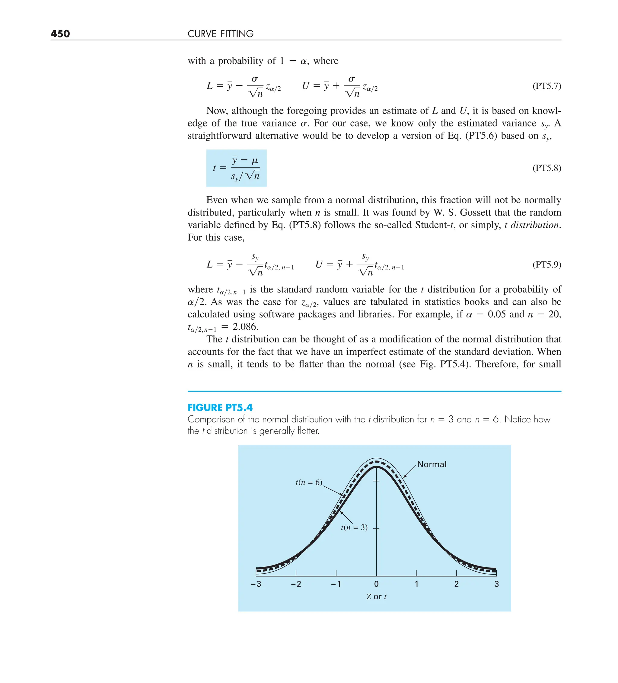450 CURVE FITTING
with a probability of 1 2 ␣, where
L 5 y 2
s
1n
zay2 U 5 y 1
s
1n
zay2 (PT5.7)
Now, although the foregoing provides an estimate of L and U, it is based on knowl-
edge of the true variance ␴. For our case, we know only the estimated variance sy. A
straightforward alternative would be to develop a version of Eq. (PT5.6) based on sy,
t 5
y 2 m
syy1n
(PT5.8)
Even when we sample from a normal distribution, this fraction will not be normally
distributed, particularly when n is small. It was found by W. S. Gossett that the random
variable defined by Eq. (PT5.8) follows the so-called Student-t, or simply, t distribution.
For this case,
L 5 y 2
sy
1n
tay2, n21 U 5 y 1
sy
1n
tay2, n21 (PT5.9)
where t␣y2,n21 is the standard random variable for the t distribution for a probability of
␣y2. As was the case for z␣y2, values are tabulated in statistics books and can also be
calculated using software packages and libraries. For example, if ␣ 5 0.05 and n 5 20,
t␣y2,n21 5 2.086.
The t distribution can be thought of as a modification of the normal distribution that
accounts for the fact that we have an imperfect estimate of the standard deviation. When
n is small, it tends to be flatter than the normal (see Fig. PT5.4). Therefore, for small
FIGURE PT5.4
Comparison of the normal distribution with the t distribution for n 5 3 and n 5 6. Notice how
the t distribution is generally ﬂatter.
–1
–2
–3 0
Z or t
2
1 3
t(n = 6)
t(n = 3)
Normal
 