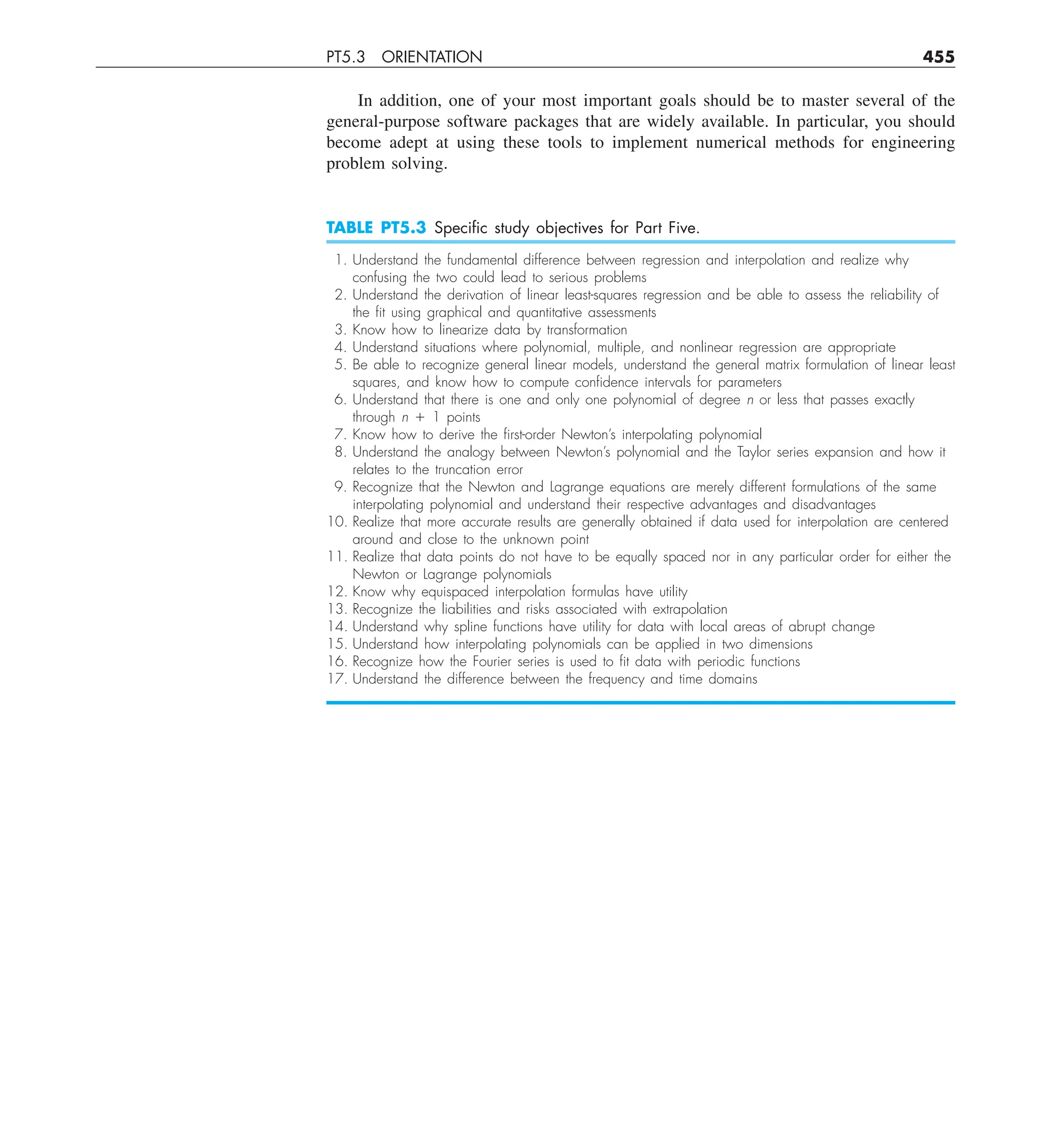 PT5.3 ORIENTATION 455
In addition, one of your most important goals should be to master several of the
general-purpose software packages that are widely available. In particular, you should
become adept at using these tools to implement numerical methods for engineering
problem solving.
TABLE PT5.3 Speciﬁc study objectives for Part Five.
1. Understand the fundamental difference between regression and interpolation and realize why
confusing the two could lead to serious problems
2. Understand the derivation of linear least-squares regression and be able to assess the reliability of
the ﬁt using graphical and quantitative assessments
3. Know how to linearize data by transformation
4. Understand situations where polynomial, multiple, and nonlinear regression are appropriate
5. Be able to recognize general linear models, understand the general matrix formulation of linear least
squares, and know how to compute conﬁdence intervals for parameters
6. Understand that there is one and only one polynomial of degree n or less that passes exactly
through n 1 1 points
7. Know how to derive the ﬁrst-order Newton’s interpolating polynomial
8. Understand the analogy between Newton’s polynomial and the Taylor series expansion and how it
relates to the truncation error
9. Recognize that the Newton and Lagrange equations are merely different formulations of the same
interpolating polynomial and understand their respective advantages and disadvantages
10. Realize that more accurate results are generally obtained if data used for interpolation are centered
around and close to the unknown point
11. Realize that data points do not have to be equally spaced nor in any particular order for either the
Newton or Lagrange polynomials
12. Know why equispaced interpolation formulas have utility
13. Recognize the liabilities and risks associated with extrapolation
14. Understand why spline functions have utility for data with local areas of abrupt change
15. Understand how interpolating polynomials can be applied in two dimensions
16. Recognize how the Fourier series is used to ﬁt data with periodic functions
17. Understand the difference between the frequency and time domains
 