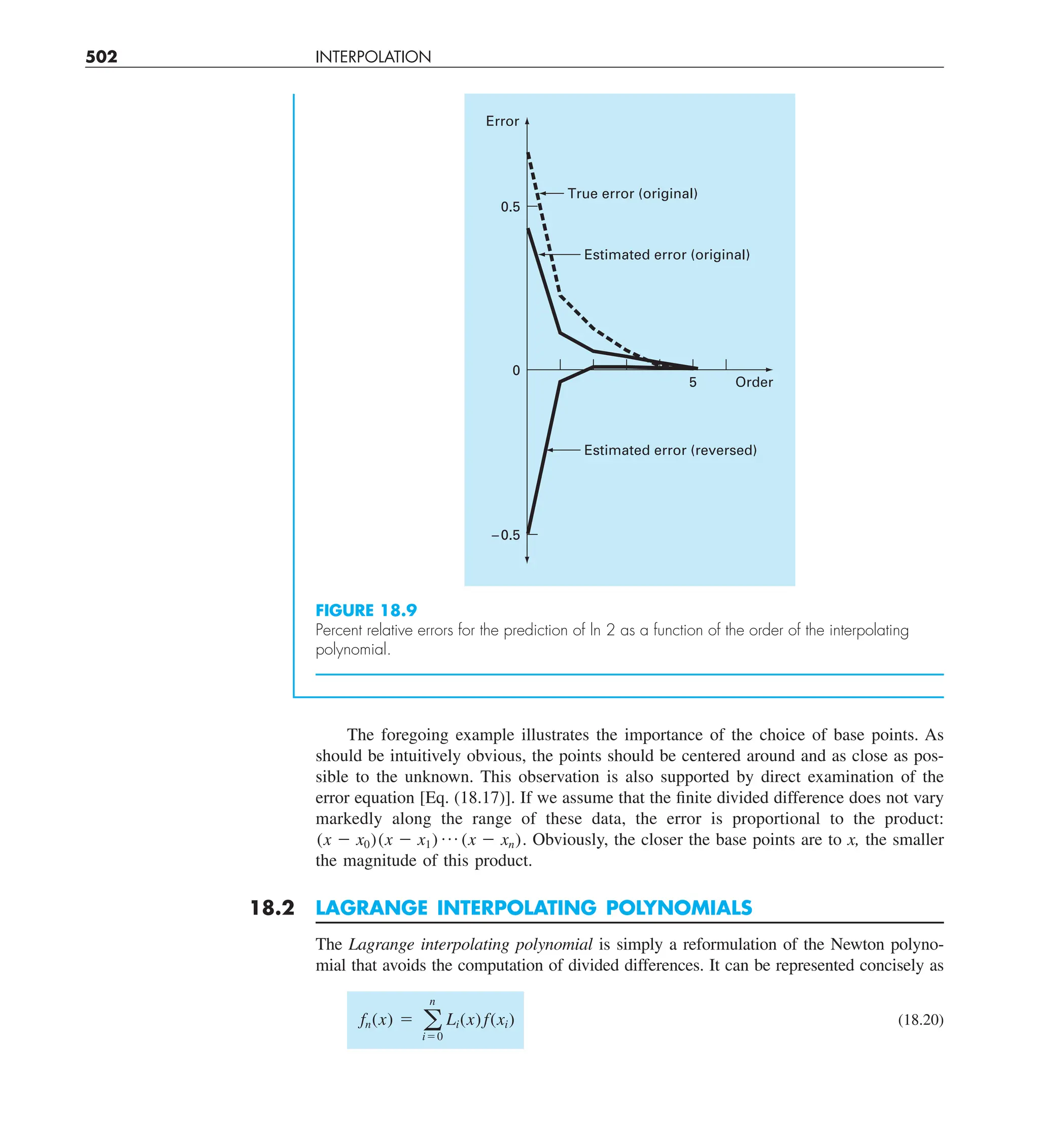 502 INTERPOLATION
The foregoing example illustrates the importance of the choice of base points. As
should be intuitively obvious, the points should be centered around and as close as pos-
sible to the unknown. This observation is also supported by direct examination of the
error equation [Eq. (18.17)]. If we assume that the finite divided difference does not vary
markedly along the range of these data, the error is proportional to the product:
(x 2 x0)(x 2 x1) p (x 2 xn). Obviously, the closer the base points are to x, the smaller
the magnitude of this product.
18.2 LAGRANGE INTERPOLATING POLYNOMIALS
The Lagrange interpolating polynomial is simply a reformulation of the Newton polyno-
mial that avoids the computation of divided differences. It can be represented concisely as
fn(x) 5 a
n
i50
Li(x) f(xi) (18.20)
FIGURE 18.9
Percent relative errors for the prediction of ln 2 as a function of the order of the interpolating
polynomial.
Error
True error (original)
Estimated error (original)
Estimated error (reversed)
Order
5
0.5
0
–0.5
 