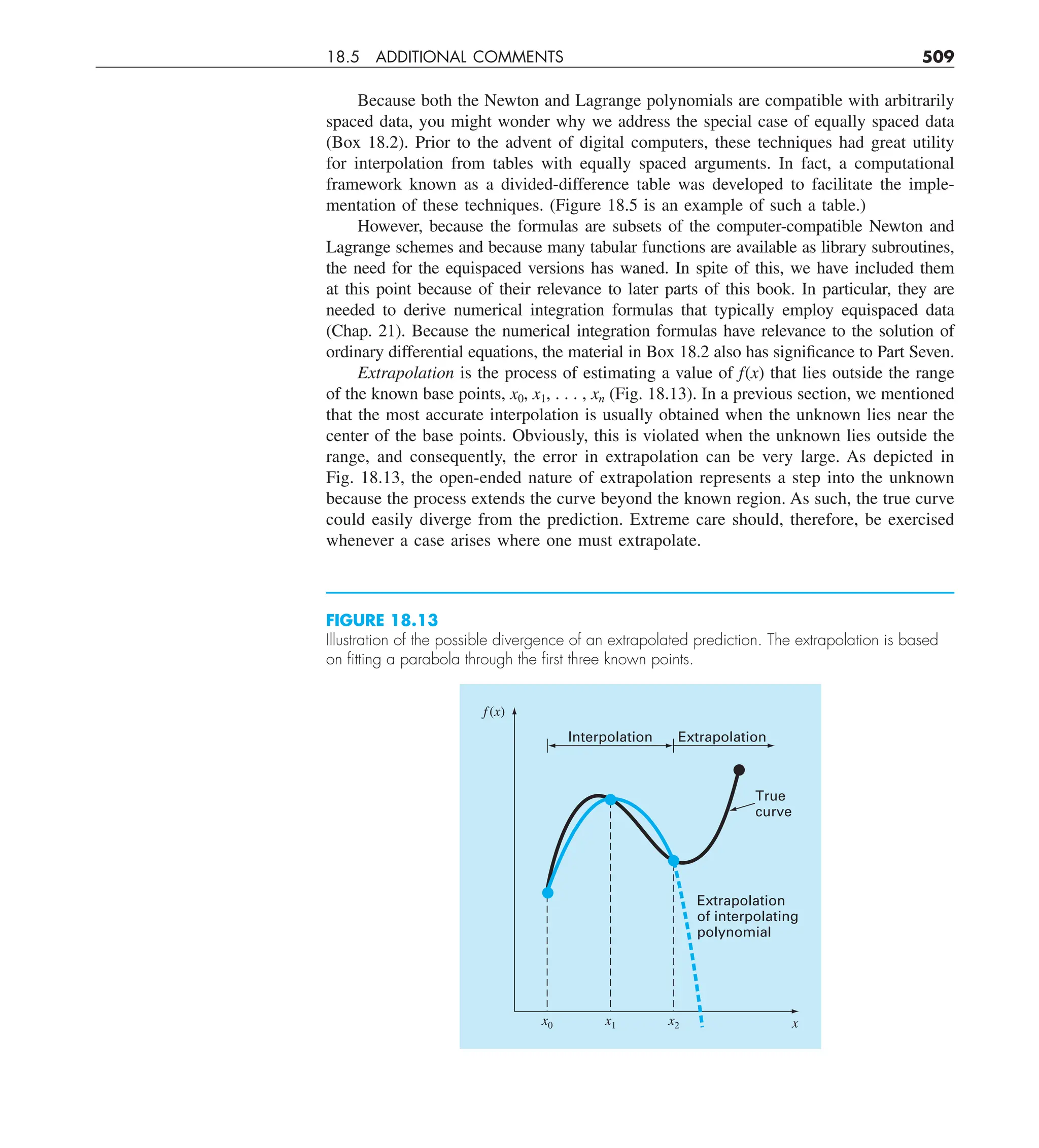 18.5 ADDITIONAL COMMENTS 509
Because both the Newton and Lagrange polynomials are compatible with arbitrarily
spaced data, you might wonder why we address the special case of equally spaced data
(Box 18.2). Prior to the advent of digital computers, these techniques had great utility
for interpolation from tables with equally spaced arguments. In fact, a computational
framework known as a divided-difference table was developed to facilitate the imple-
mentation of these techniques. (Figure 18.5 is an example of such a table.)
However, because the formulas are subsets of the computer-compatible Newton and
Lagrange schemes and because many tabular functions are available as library subroutines,
the need for the equispaced versions has waned. In spite of this, we have included them
at this point because of their relevance to later parts of this book. In particular, they are
needed to derive numerical integration formulas that typically employ equispaced data
(Chap. 21). Because the numerical integration formulas have relevance to the solution of
ordinary differential equations, the material in Box 18.2 also has significance to Part Seven.
Extrapolation is the process of estimating a value of f(x) that lies outside the range
of the known base points, x0, x1, . . . , xn (Fig. 18.13). In a previous section, we mentioned
that the most accurate interpolation is usually obtained when the unknown lies near the
center of the base points. Obviously, this is violated when the unknown lies outside the
range, and consequently, the error in extrapolation can be very large. As depicted in
Fig. 18.13, the open-ended nature of extrapolation represents a step into the unknown
because the process extends the curve beyond the known region. As such, the true curve
could easily diverge from the prediction. Extreme care should, therefore, be exercised
whenever a case arises where one must extrapolate.
FIGURE 18.13
Illustration of the possible divergence of an extrapolated prediction. The extrapolation is based
on ﬁtting a parabola through the ﬁrst three known points.
f(x)
x
True
curve
Extrapolation
of interpolating
polynomial
Interpolation Extrapolation
x2
x1
x0
 