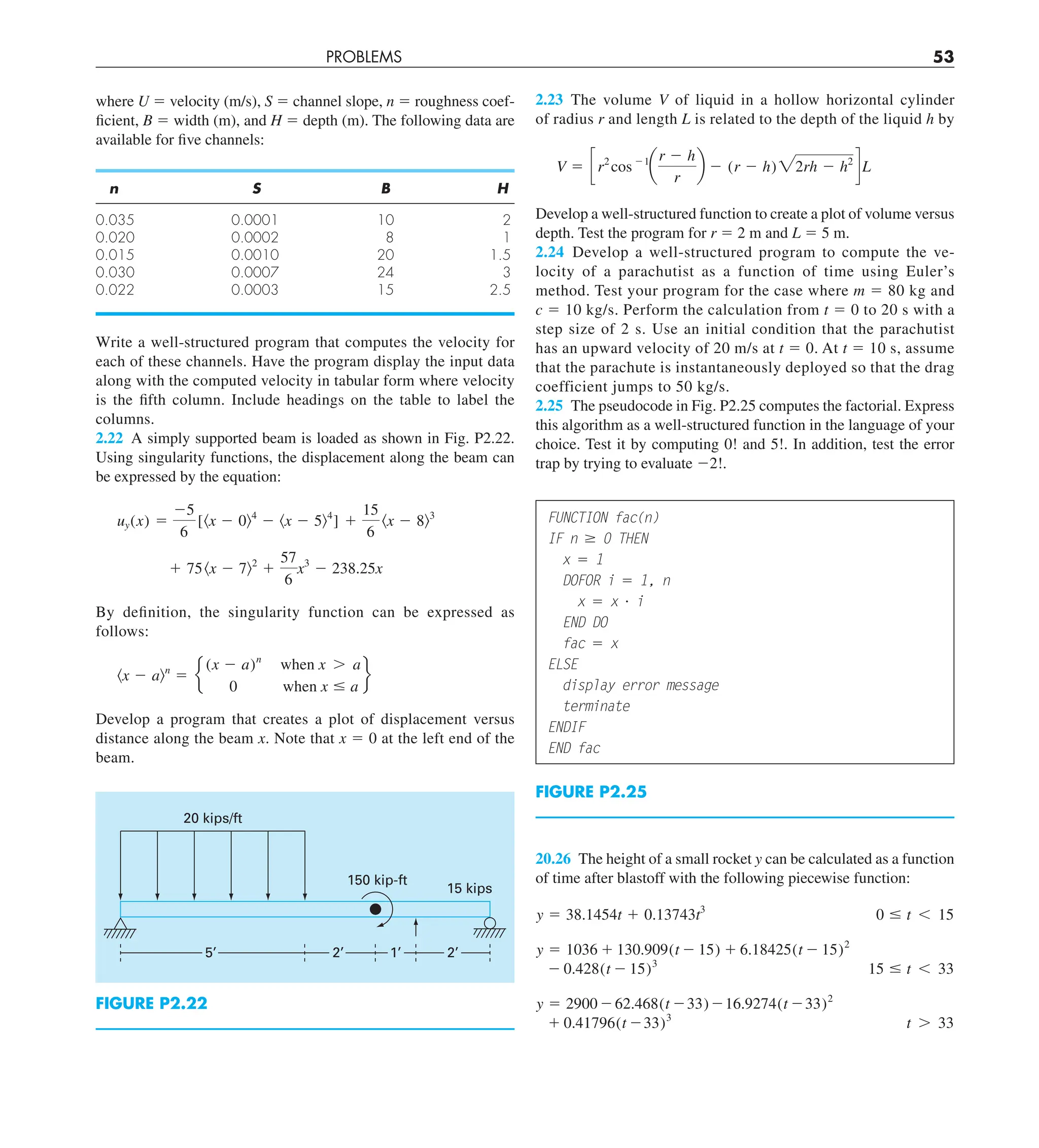 PROBLEMS 53
2.23 The volume V of liquid in a hollow horizontal cylinder
of radius r and length L is related to the depth of the liquid h by
V 5 c r2
cos 21
a
r 2 h
r
b 2 (r 2 h) 22rh 2 h2
d L
Develop a well-structured function to create a plot of volume versus
depth. Test the program for r 5 2 m and L 5 5 m.
2.24 Develop a well-structured program to compute the ve-
locity of a parachutist as a function of time using Euler’s
method. Test your program for the case where m 5 80 kg and
c 5 10 kg/s. Perform the calculation from t 5 0 to 20 s with a
step size of 2 s. Use an initial condition that the parachutist
has an upward velocity of 20 m/s at t 5 0. At t 5 10 s, assume
that the parachute is instantaneously deployed so that the drag
coefficient jumps to 50 kg/s.
2.25 The pseudocode in Fig. P2.25 computes the factorial. Express
this algorithm as a well-structured function in the language of your
choice. Test it by computing 0! and 5!. In addition, test the error
trap by trying to evaluate 22!.
FUNCTION fac(n)
IF n $ 0 THEN
x 5 1
DOFOR i 5 1, n
x 5 x ? i
END DO
fac 5 x
ELSE
display error message
terminate
ENDIF
END fac
FIGURE P2.25
20.26 The height of a small rocket y can be calculated as a function
of time after blastoff with the following piecewise function:
y 5 38.1454t 1 0.13743t3
0 # t , 15
y 5 1036 1 130.909(t 2 15) 1 6.18425(t 2 15)2
2 0.428(t 2 15)3
15 # t , 33
y 5 2900262.468(t 233)216.9274(t 233)2
1 0.41796(t 233)3
t . 33
where U 5 velocity (m/s), S 5 channel slope, n 5 roughness coef-
ficient, B 5 width (m), and H 5 depth (m). The following data are
available for five channels:
n S B H
0.035 0.0001 10 2
0.020 0.0002 8 1
0.015 0.0010 20 1.5
0.030 0.0007 24 3
0.022 0.0003 15 2.5
Write a well-structured program that computes the velocity for
each of these channels. Have the program display the input data
along with the computed velocity in tabular form where velocity
is the fifth column. Include headings on the table to label the
columns.
2.22 A simply supported beam is loaded as shown in Fig. P2.22.
Using singularity functions, the displacement along the beam can
be expressed by the equation:
uy(x) 5
25
6
[kx 2 0l4
2 kx 2 5l4
] 1
15
6
kx 2 8l3
1 75kx 2 7l2
1
57
6
x3
2 238.25x
By definition, the singularity function can be expressed as
follows:
kx 2 aln
5 e
(x 2 a)n
when x . a
0 when x # a
f
Develop a program that creates a plot of displacement versus
distance along the beam x. Note that x 5 0 at the left end of the
beam.
20 kips/ft
150 kip-ft
15 kips
5’ 2’ 1’ 2’
FIGURE P2.22
 