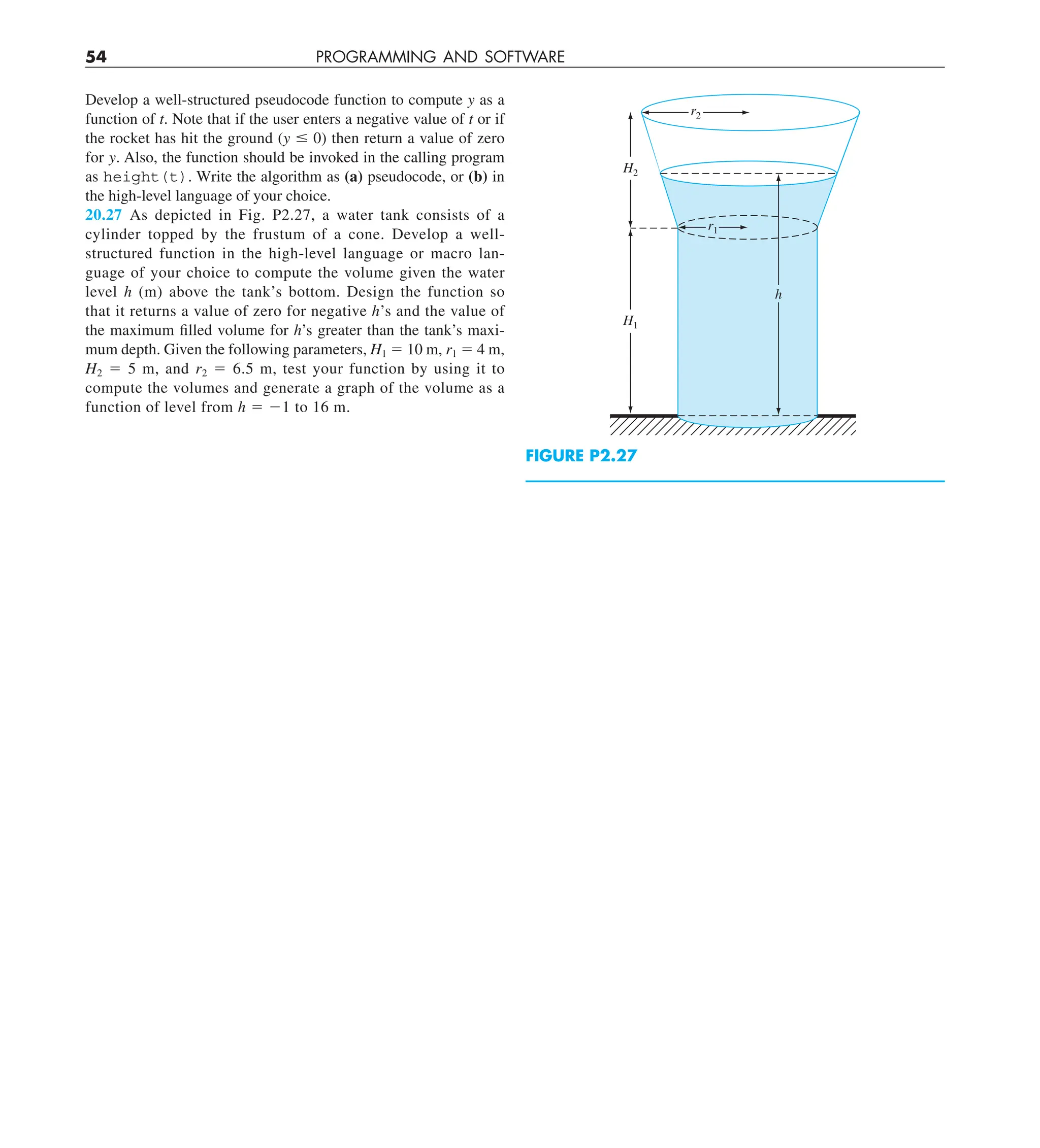 54 PROGRAMMING AND SOFTWARE
Develop a well-structured pseudocode function to compute y as a
function of t. Note that if the user enters a negative value of t or if
the rocket has hit the ground (y # 0) then return a value of zero
for y. Also, the function should be invoked in the calling program
as height(t). Write the algorithm as (a) pseudocode, or (b) in
the high-level language of your choice.
20.27 As depicted in Fig. P2.27, a water tank consists of a
cylinder topped by the frustum of a cone. Develop a well-
structured function in the high-level language or macro lan-
guage of your choice to compute the volume given the water
level h (m) above the tank’s bottom. Design the function so
that it returns a value of zero for negative h’s and the value of
the maximum filled volume for h’s greater than the tank’s maxi-
mum depth. Given the following parameters, H1 5 10 m, r1 5 4 m,
H2 5 5 m, and r2 5 6.5 m, test your function by using it to
compute the volumes and generate a graph of the volume as a
function of level from h 5 21 to 16 m.
h
H2
H1
r1
r2
FIGURE P2.27
 