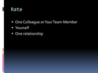 Rate
 One Colleague orYourTeam Member
 Yourself
 One relationship
 