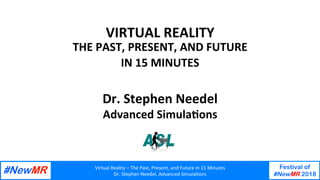 Virtual	Reality	–	The	Past,	Present,	and	Future	in	15	Minutes	
Dr.	Stephen	Needel,	Advanced	SimulaAons	
Festival of
#NewMR 2018
	
	
VIRTUAL	REALITY	
THE	PAST,	PRESENT,	AND	FUTURE	
IN	15	MINUTES	
	
Dr.	Stephen	Needel	
Advanced	SimulaDons	
 
