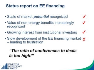 Status report on EE financing
• Scale of market potential recognized
• Value of non-energy benefits increasingly
recognized
• Growing interest from institutional investors
• Slow development of the EE financing market
– leading to frustration
✔
✔
✔
✗
“The ratio of conferences to deals
is too high!”
 