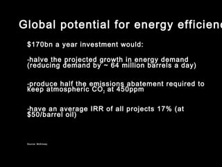 Global potential for energy efficienc
 $170bn a year investment would:

 -halve the projected growth in energy demand
 (reducing demand by ~ 64 million barrels a day)

 -produce half the emissions abatement required to
 keep atmospheric CO 2 at 450ppm

 -have an average IRR of all projects 17% (at
 $50/barrel oil)



 Source: McKinsey
 