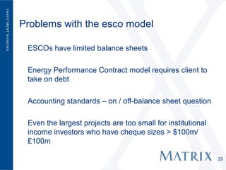Problems with the esco model

 ESCOs have limited balance sheets

 Energy Performance Contract model requires client to
 take on debt

 Accounting standards – on / off-balance sheet question

 Even the largest projects are too small for institutional
 income investors who have cheque sizes > $100m/
 £100m

                                                             25
 