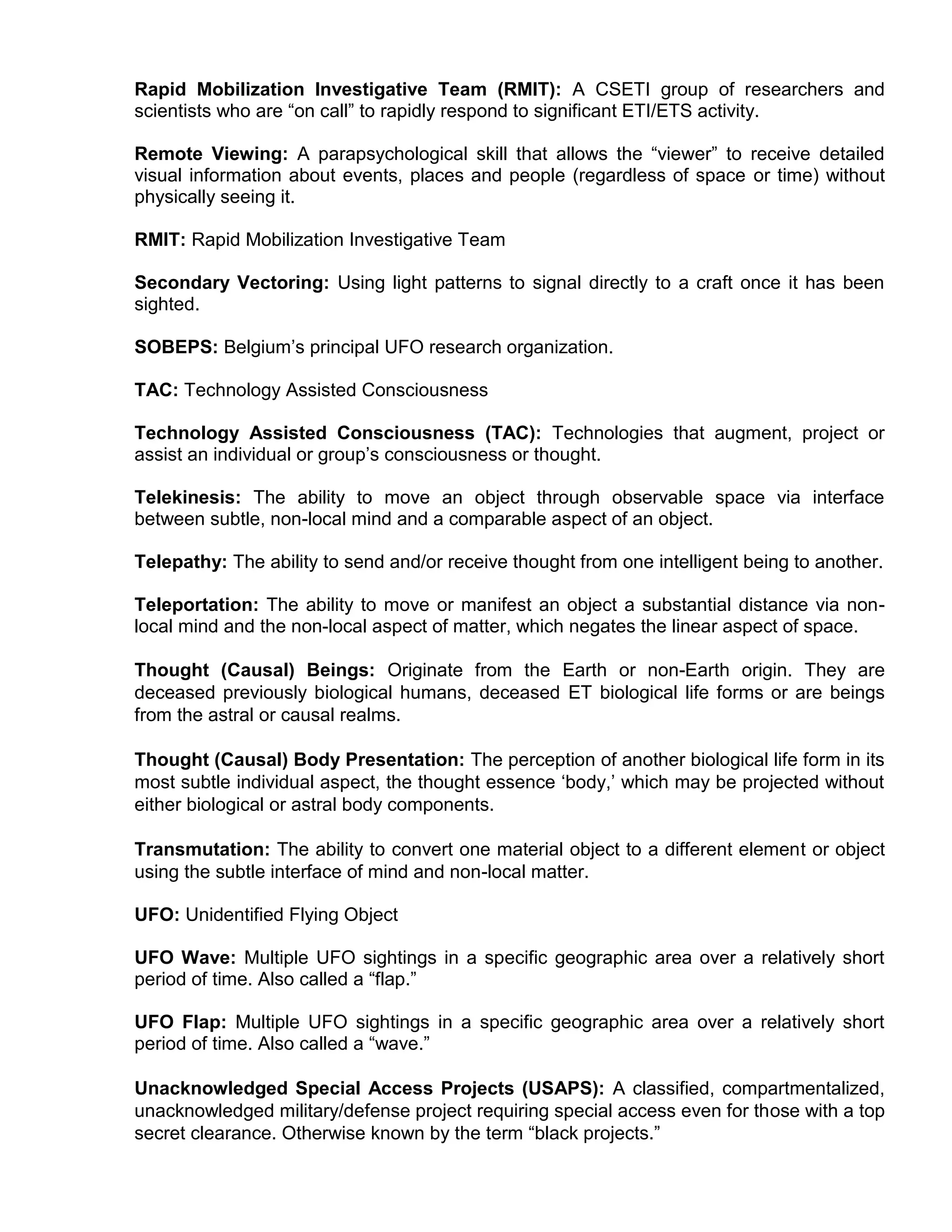 Steven Greer - CE5-CSETI - 03. Glossary of Terms | PDF