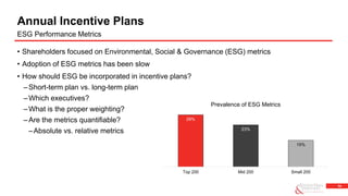 14
• Shareholders focused on Environmental, Social & Governance (ESG) metrics
• Adoption of ESG metrics has been slow
• How should ESG be incorporated in incentive plans?
–Short-term plan vs. long-term plan
–Which executives?
–What is the proper weighting?
–Are the metrics quantifiable?
–Absolute vs. relative metrics
Annual Incentive Plans
ESG Performance Metrics
29%
23%
15%
Top 200 Mid 200 Small 200
Prevalence of ESG Metrics
 