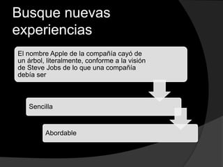 Busque nuevas
experiencias
El nombre Apple de la compañía cayó de
un árbol, literalmente, conforme a la visión
de Steve Jobs de lo que una compañía
debía ser
Sencilla
Abordable
 