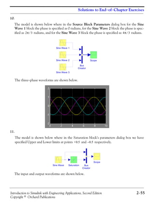 Introduction to Simulink with Engineering Applications, Second Edition 2−55
Copyright © Orchard Publications
Solutions to End−of−Chapter Exercises
10.
The model is shown below where in the Source Block Parameters dialog box for the Sine
Wave 1 block the phase is specified as 0 radians, for the Sine Wave 2 block the phase is spec-
ified as radians, and for the Sine Wave 3 block the phase is specified as radians.
The three−phase waveforms are shown below.
11.
The model is shown below where in the Saturation block’s parameters dialog box we have
specified Upper and Lower limits at points and respectively.
The input and output waveforms are shown below.
2π 3⁄ 4π 3⁄
Sine Wave 3
Sine Wave 2
Sine Wave 1
Scope
Bus
Creator
+0.5 0.5–
Sine Wave
Scope
Saturation Bus
Creator
 