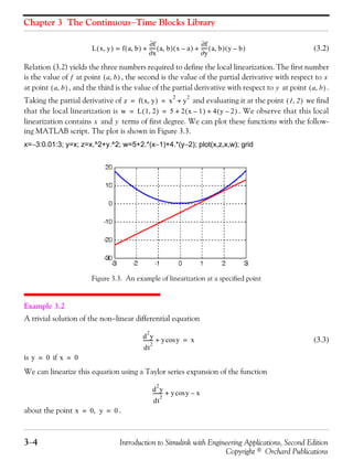 Chapter 3 The Continuous−Time Blocks Library
3−4 Introduction to Simulink with Engineering Applications, Second Edition
Copyright © Orchard Publications
(3.2)
Relation (3.2) yields the three numbers required to define the local linearization. The first number
is the value of at point , the second is the value of the partial derivative with respect to
at point , and the third is the value of the partial derivative with respect to at point .
Taking the partial derivative of and evaluating it at the point we find
that the local linearization is . We observe that this local
linearization contains and terms of first degree. We can plot these functions with the follow-
ing MATLAB script. The plot is shown in Figure 3.3.
x=−3:0.01:3; y=x; z=x.^2+y.^2; w=5+2.*(x−1)+4.*(y−2); plot(x,z,x,w); grid
Figure 3.3. An example of linearization at a specified point
Example 3.2
A trivial solution of the non−linear differential equation
(3.3)
is if
We can linearize this equation using a Taylor series expansion of the function
about the point .
L x y,( ) f a b,( )=
f∂
x∂
----- a b,( ) x a–( )
f∂
y∂
----- a b,( ) y b–( )+ +
f a b,( ) x
a b,( ) y a b,( )
z f x y,( ) x
2
y
2
+= = 1 2,( )
w L 1 2,( ) 5 2 x 1–( ) 4 y 2–( )+ += =
x y
d
2
y
dt
2
-------- y ycos+ x=
y 0= x 0=
d
2
y
dt
2
-------- y ycos x–+
x 0 y, 0= =
 