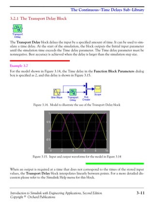 Introduction to Simulink with Engineering Applications, Second Edition 3−11
Copyright © Orchard Publications
The Continuous−Time Delays Sub−Library
3.2.1 The Transport Delay Block
The Transport Delay block delays the input by a specified amount of time. It can be used to sim-
ulate a time delay. At the start of the simulation, the block outputs the Initial input parameter
until the simulation time exceeds the Time delay parameter. The Time delay parameter must be
nonnegative. Best accuracy is achieved when the delay is larger than the simulation step size.
Example 3.7
For the model shown in Figure 3.14, the Time delay in the Function Block Parameters dialog
box is specified as 2, and this delay is shown in Figure 3.15.
Figure 3.14. Model to illustrate the use of the Transport Delay block
Figure 3.15. Input and output waveforms for the model in Figure 3.14
When an output is required at a time that does not correspond to the times of the stored input
values, the Transport Delay block interpolates linearly between points. For a more detailed dis-
cussion please refer to the Simulink Help menu for this block.
 
