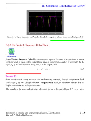 Introduction to Simulink with Engineering Applications, Second Edition 3−13
Copyright © Orchard Publications
The Continuous−Time Delays Sub−Library
Figure 3.17. Signal Generator and Variable Time Delay output waveforms for the model in Figure 3.16
3.2.3 The Variable Transport Delay Block
In the Variable Transport Delay block the output is equal to the value of its data input at an ear-
lier time which is equal to the current time minus a transportation delay. If we let be the
input, the transportation delay, and the output, then
(3.9)
Example 3.9
From electric circuit theory, we know that an alternating current through a capacitor leads
the voltage by . Using a Variable Transport Delay block, we will create a model that will
display the current and voltage waveforms.
The model and the input and output waveforms are shown in Figures 3.18 and 3.19 respectively.
u t( )
td t( ) y t( )
y u t td t( )–( )=
iC C
vC 90°
 