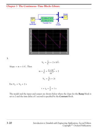 Chapter 3 The Continuous−Time Blocks Library
3−20 Introduction to Simulink with Engineering Applications, Second Edition
Copyright © Orchard Publications
3.
. Then
For
The model and the input and output are shown below where the slope for the Ramp block is
set to 2 and the time delay of 1 second is specified by the Constant block.
VC
I
C
----t 2 10
3
× t= =
Slope m I C⁄= =
m
I
C
----
2 10
3–
×
10
3–
-------------------- 2= = =
VC
I
C
----t 2t= =
VC V0 2 v= =
t t0
2
2
--- 1 s= = =
 