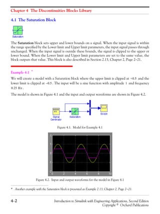 Chapter 4 The Discontinuities Blocks Library
4−2 Introduction to Simulink with Engineering Applications, Second Edition
Copyright © Orchard Publications
4.1 The Saturation Block
The Saturation block sets upper and lower bounds on a signal. When the input signal is within
the range specified by the Lower limit and Upper limit parameters, the input signal passes through
unchanged. When the input signal is outside these bounds, the signal is clipped to the upper or
lower bound. When the Lower limit and Upper limit parameters are set to the same value, the
block outputs that value. This block is also described in Section 2.13, Chapter 2, Page 2−21.
Example 4.1 *
We will create a model with a Saturation block where the upper limit is clipped at and the
lower limit is clipped at . The input will be a sine function with amplitude and frequency
.
The model is shown in Figure 4.1 and the input and output waveforms are shown in Figure 4.2.
Figure 4.1. Model for Example 4.1
Figure 4.2. Input and output waveforms for the model in Figure 4.1
* Another example with the Saturation block is presented as Example 2.13, Chapter 2, Page 2−21.
+0.5
0.5– 1
0.25 Hz
 