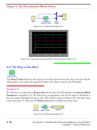 Chapter 4 The Discontinuities Blocks Library
4−16 Introduction to Simulink with Engineering Applications, Second Edition
Copyright © Orchard Publications
Figure 4.22. Model for Example 4.11
Figure 4.23. Input and output waveforms for the model in Figure 4.22
4.12 The Wrap to Zero Block
The Wrap To Zero block sets the output to zero if the input is above the value set by the Thresh-
old parameter, and outputs the input if the input is less than or equal to the Threshold.
Example 4.12
We will create a model with a Wrap to Zero block where the Threshold in the Function Block
Parameters is specified as . We will choose an appropriate value for the input to this block so
that the output will display the input value. The model is shown in Figure 4.24. Any input value
equal of less than will cause the Wrap to Zero block to display the input value.
Figure 4.24. Model for Example 4.12
75
75
 