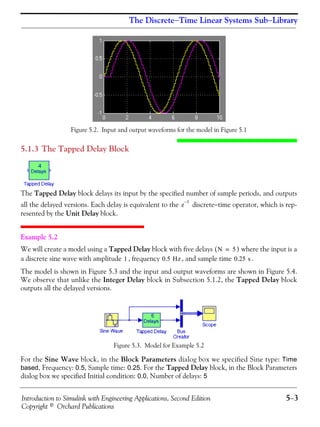 Introduction to Simulink with Engineering Applications, Second Edition 5−3
Copyright © Orchard Publications
The Discrete−Time Linear Systems Sub−Library
Figure 5.2. Input and output waveforms for the model in Figure 5.1
5.1.3 The Tapped Delay Block
The Tapped Delay block delays its input by the specified number of sample periods, and outputs
all the delayed versions. Each delay is equivalent to the discrete−time operator, which is rep-
resented by the Unit Delay block.
Example 5.2
We will create a model using a Tapped Delay block with five delays ( ) where the input is a
a discrete sine wave with amplitude , frequency , and sample time .
The model is shown in Figure 5.3 and the input and output waveforms are shown in Figure 5.4.
We observe that unlike the Integer Delay block in Subsection 5.1.2, the Tapped Delay block
outputs all the delayed versions.
Figure 5.3. Model for Example 5.2
For the Sine Wave block, in the Block Parameters dialog box we specified Sine type: Time
based, Frequency: 0.5, Sample time: 0.25. For the Tapped Delay block, in the Block Parameters
dialog box we specified Initial condition: 0.0, Number of delays: 5
z
1–
N 5=
1 0.5 Hz 0.25 s
 